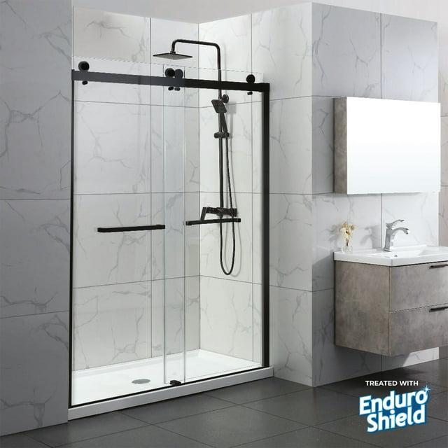 Portofino Frameless Double Sliding Shower Door 44"-48" Width, 74" Height Clear Tempered Glass 3/8 with Matte Black finish & Stain Resistant Glass Coating by Fab Glass and Mirror