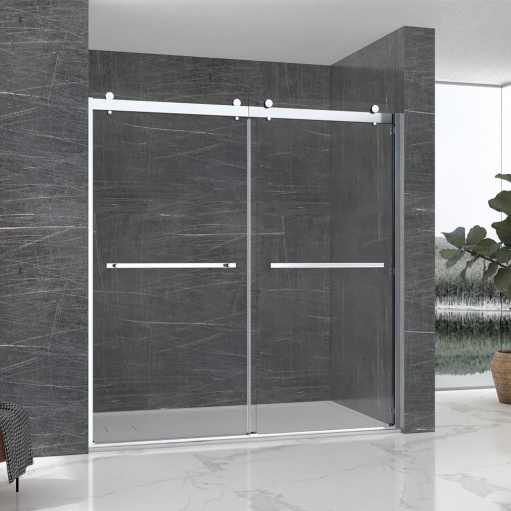 56" - 60" W 74” H Double Sliding Frameless Shower Door with Fixed Glass Panel