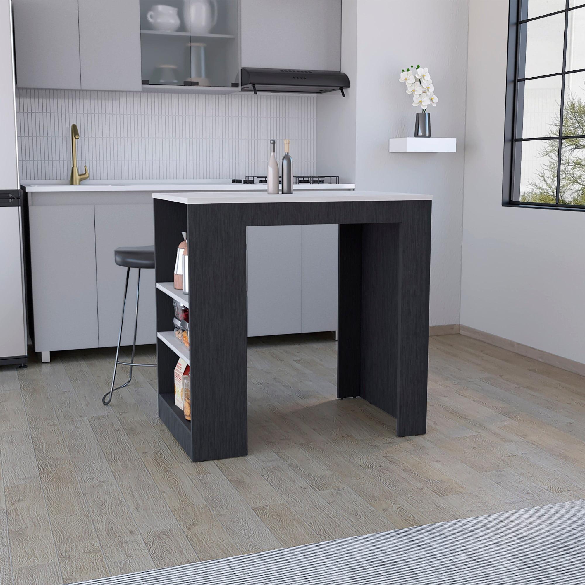 Black and Ibiza Marble Kitchen Island with Side Shelves