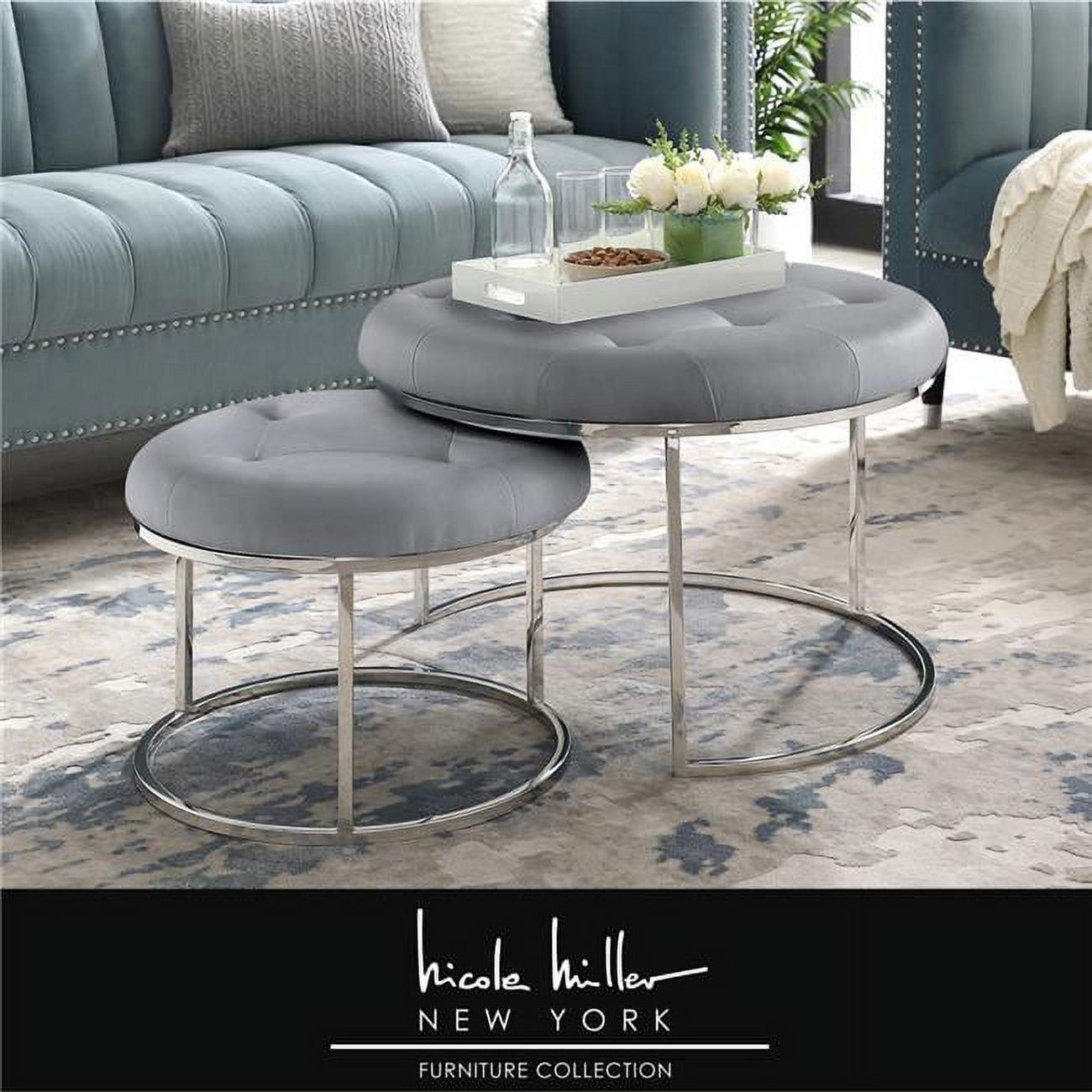 Contemporary Grey & Chrome Round Tufted Nesting Ottoman Set