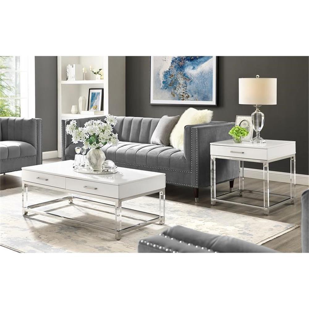 Posh Living Briar 1-Drawer Metal End Table with Acrylic Legs - White/Chrome