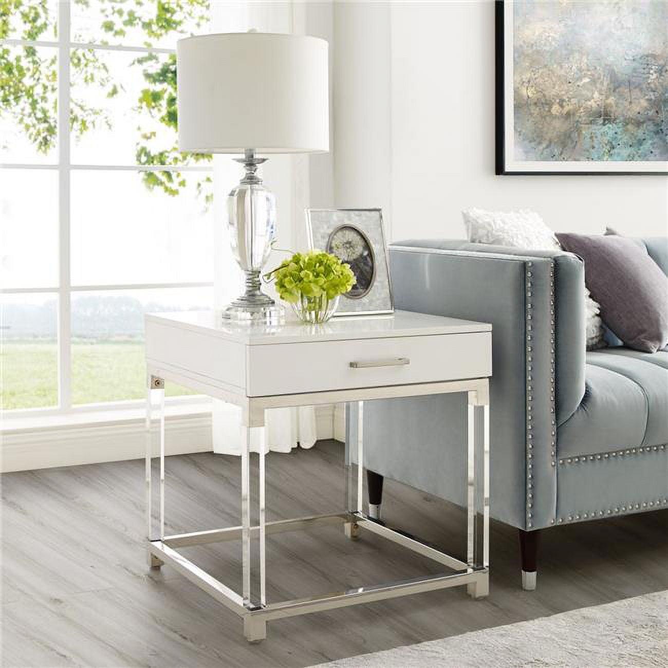 Posh Living Briar 1-Drawer Metal End Table with Acrylic Legs - White/Chrome