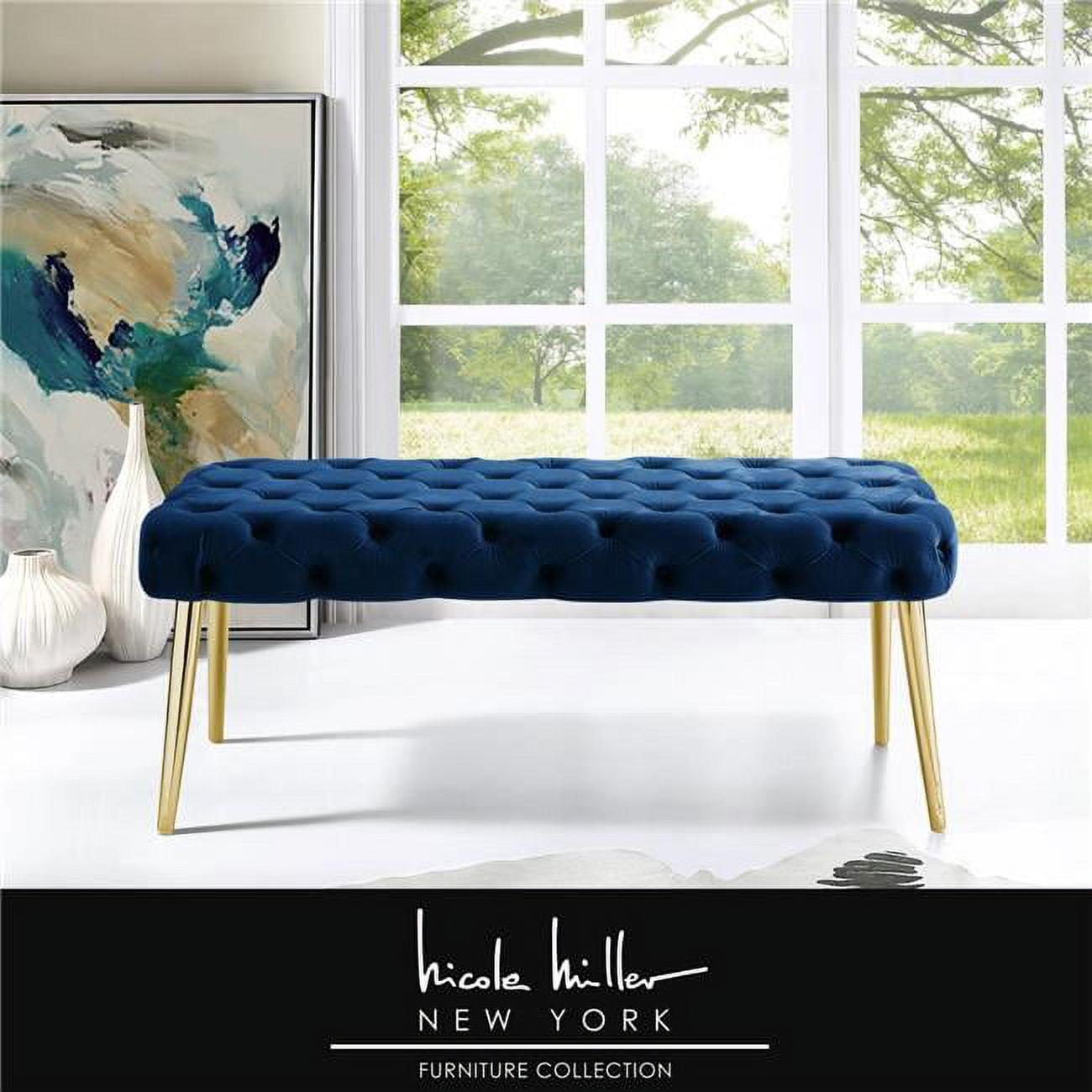 Posh Living Dia Button Tufted Velvet Bench with Metal Legs in Navy Blue/Gold