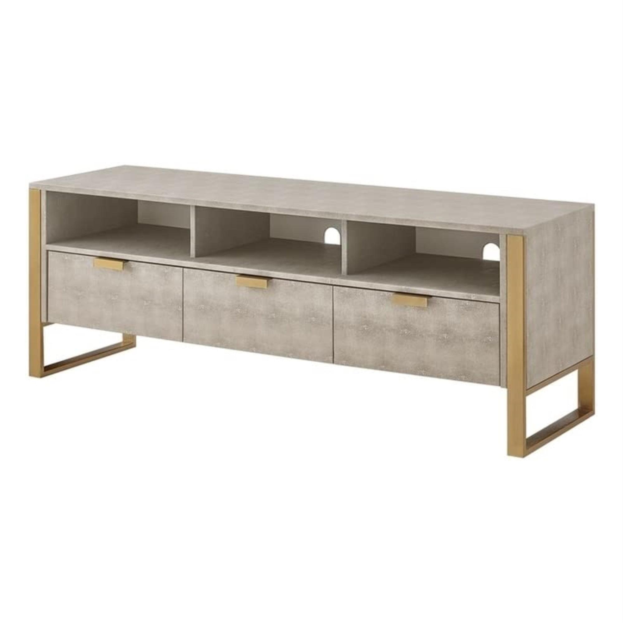 Elegant Cream White Faux Shagreen TV Stand with Gold Accents