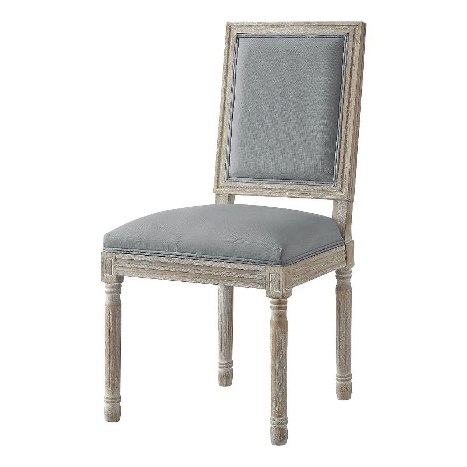 Antique Brushed Wood and Gray Linen Upholstered Side Chair