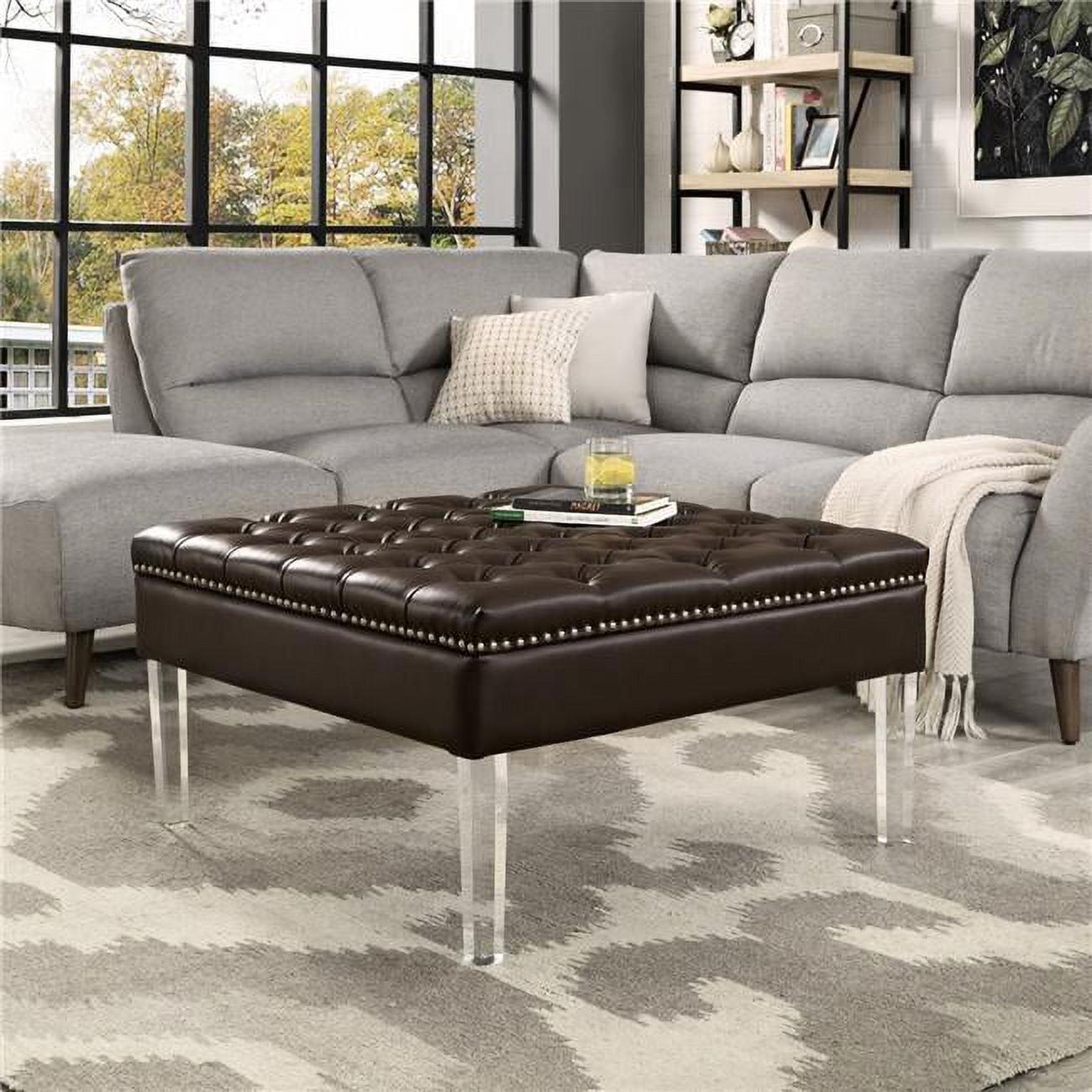 Inspired Home Coco PU Leather Oversized Button Tufted with Silver Nailhead Trim Clear Acrylic Leg Cocktail Ottoman, Espresso
