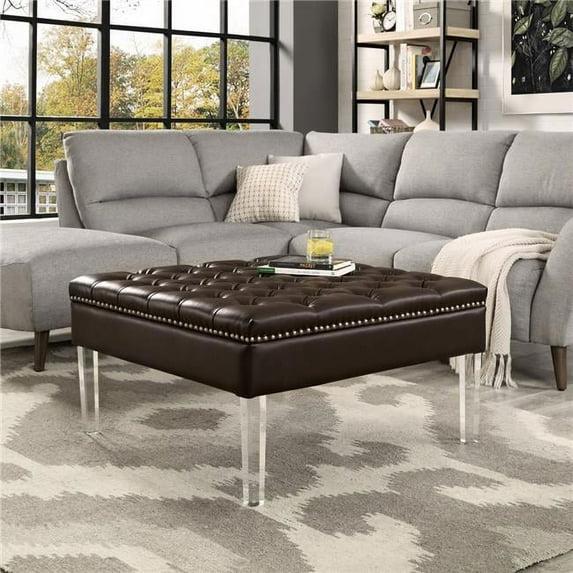 Inspired Home Coco PU Leather Oversized Button Tufted with Silver Nailhead Trim Clear Acrylic Leg Cocktail Ottoman, Espresso