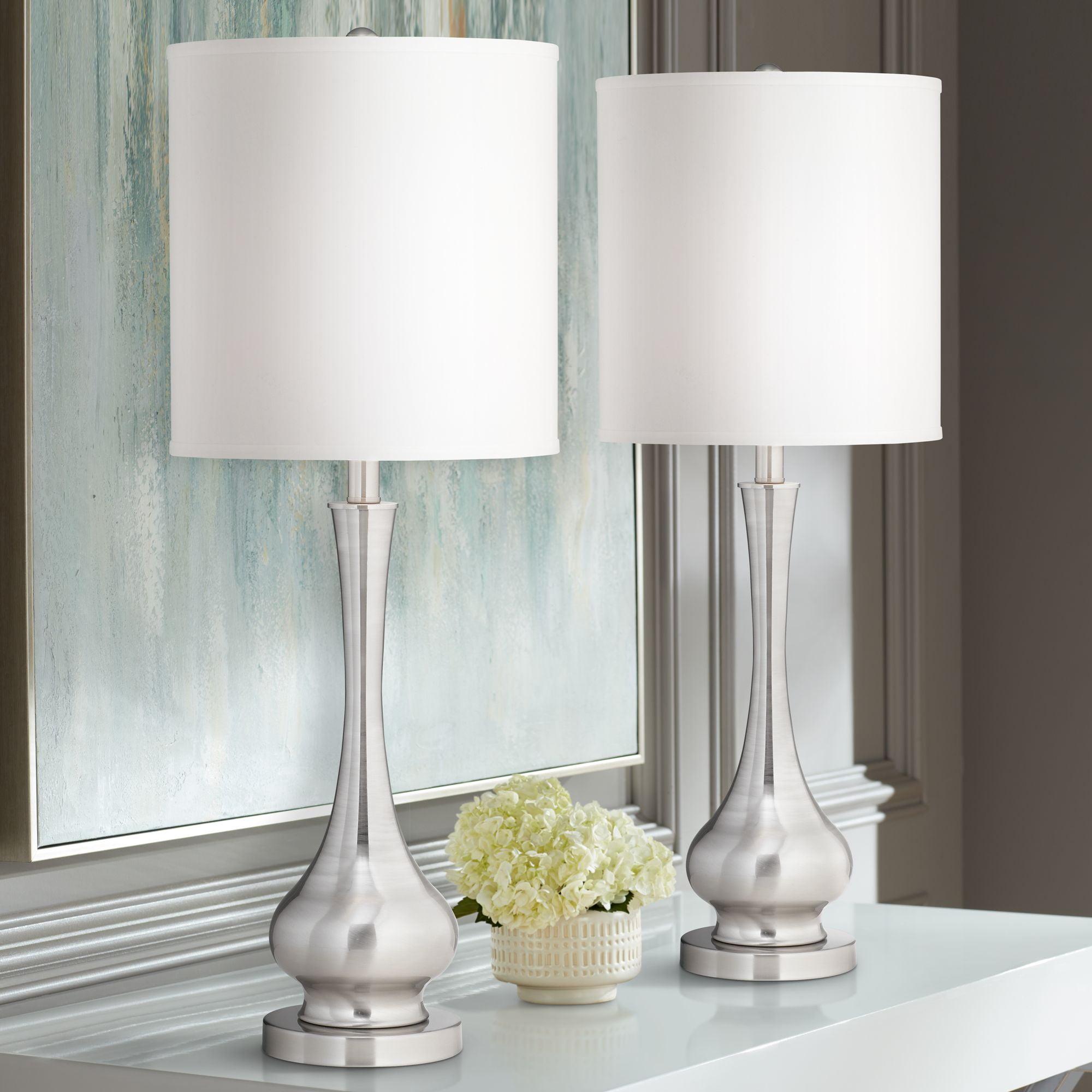 Tall Silver Gourd Table Lamps with White Drum Shades, Set of 2