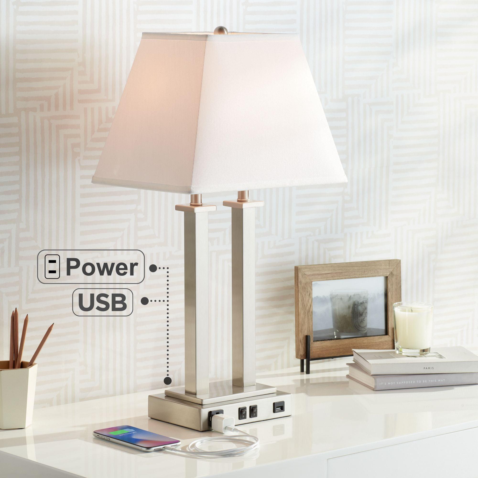 Possini Euro Design Amity Modern Table Lamp 26" High Brushed Nickel with USB and AC Power Outlet in Base White Linen Shade for Bedroom Bedside Desk