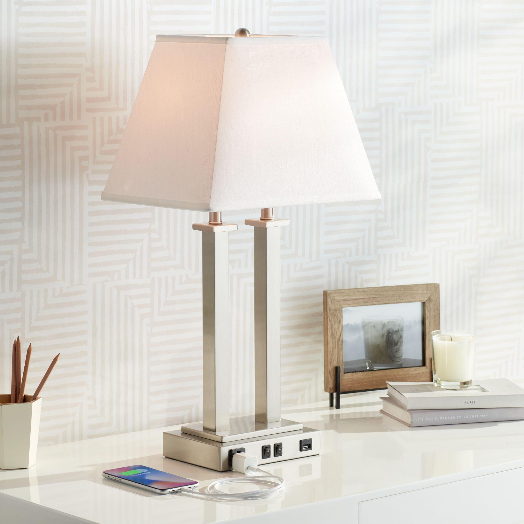 Possini Euro Design Amity Modern Table Lamp 26" High Brushed Nickel with USB and AC Power Outlet in Base White Linen Shade for Bedroom Bedside Desk