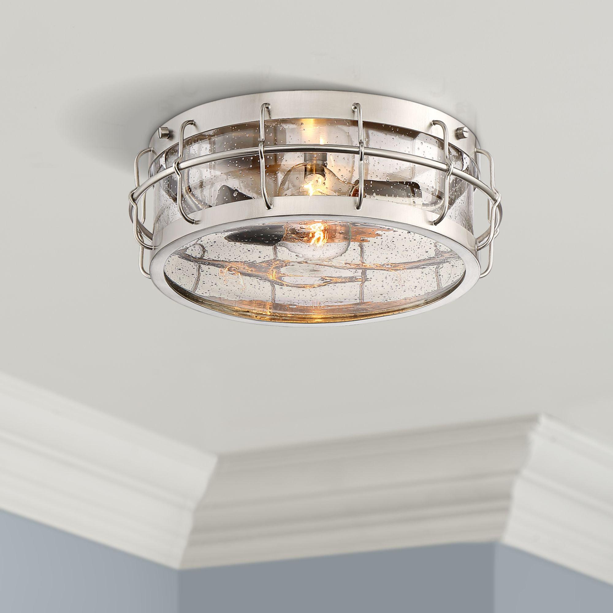 16" Satin Nickel Glass Drum Flush Mount Ceiling Light