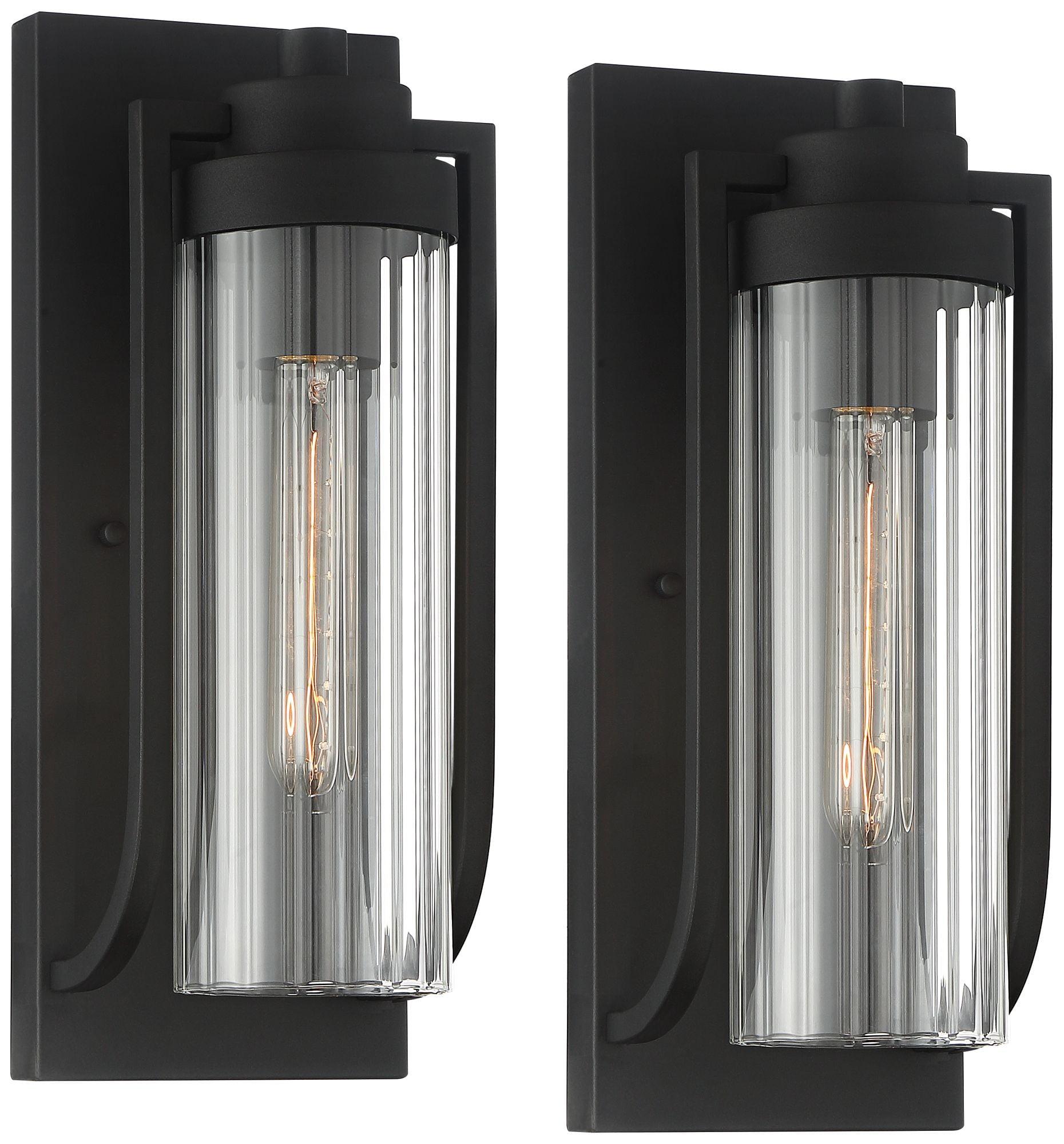 Bogota 15.5" Textured Black Outdoor Wall Lights with Clear Ribbed Glass - Set of 2