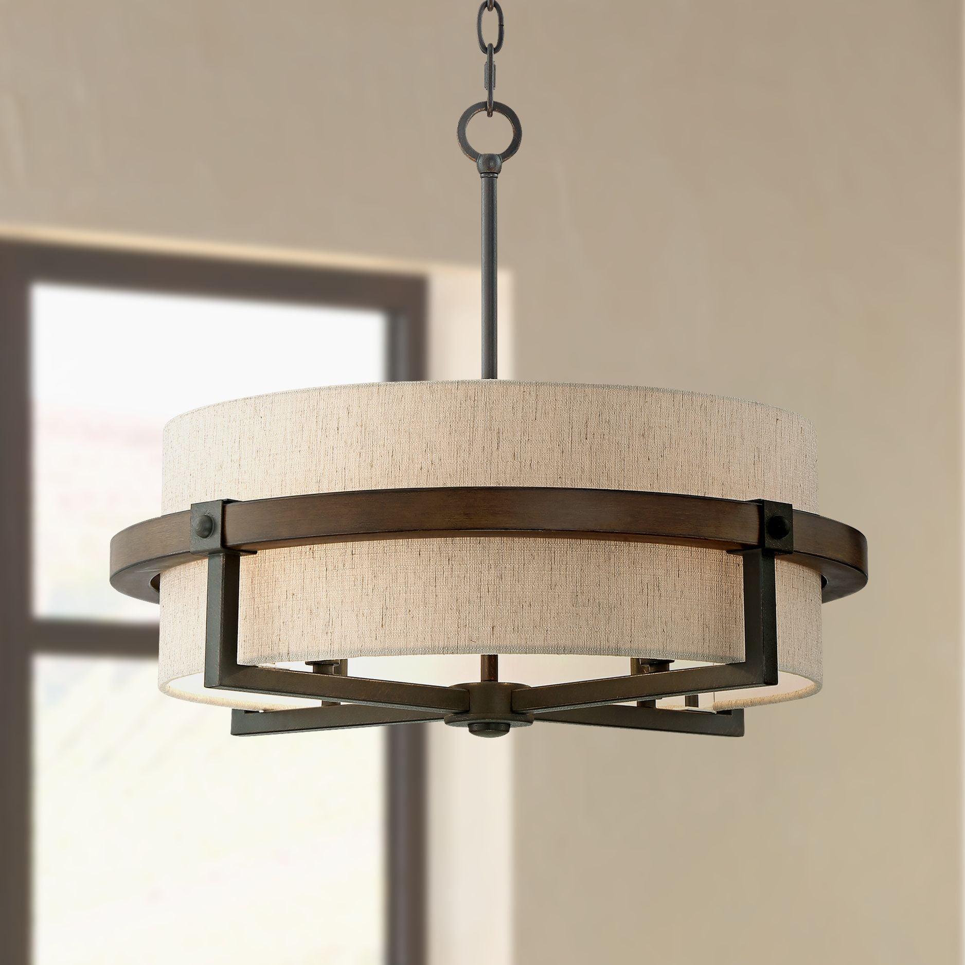 Castille Rustic Farmhouse 22" Bronze and Wood Finish Drum Pendant Light