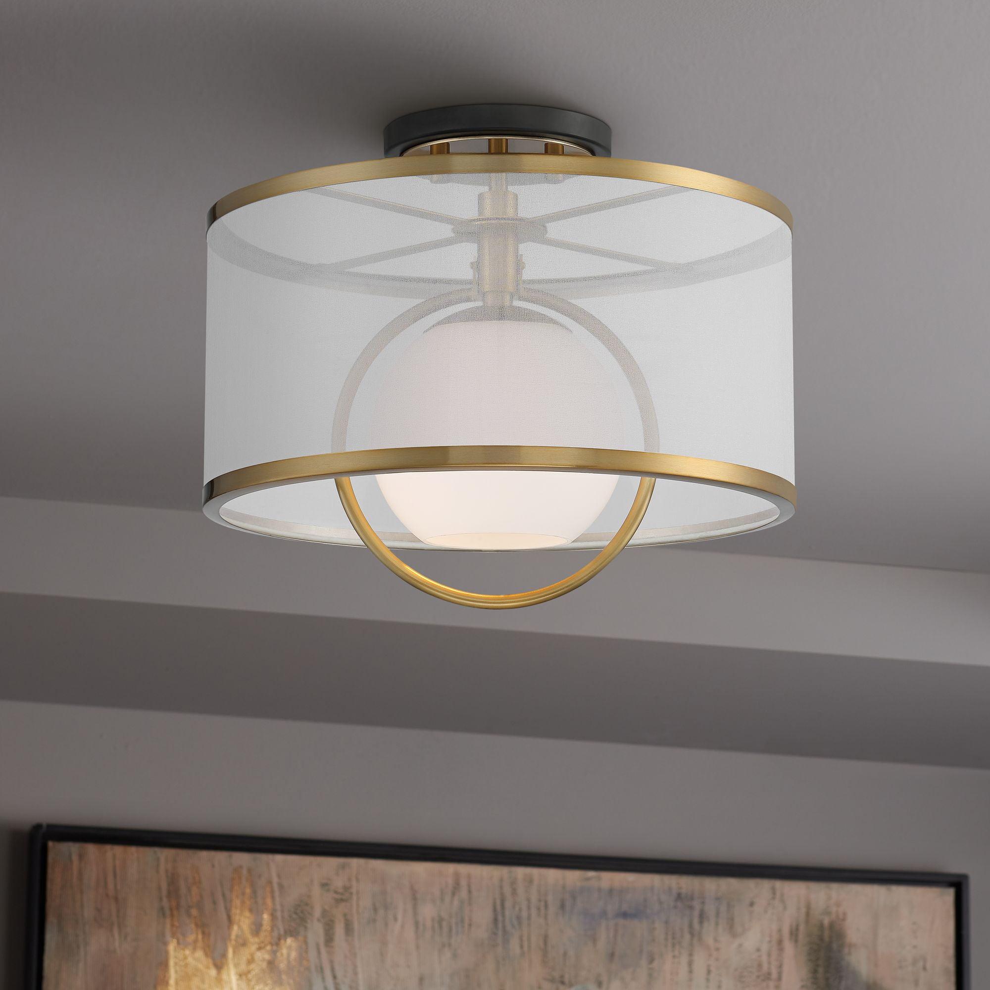 Artisanal Brass & Glass 17" Art Deco Drum Ceiling Light