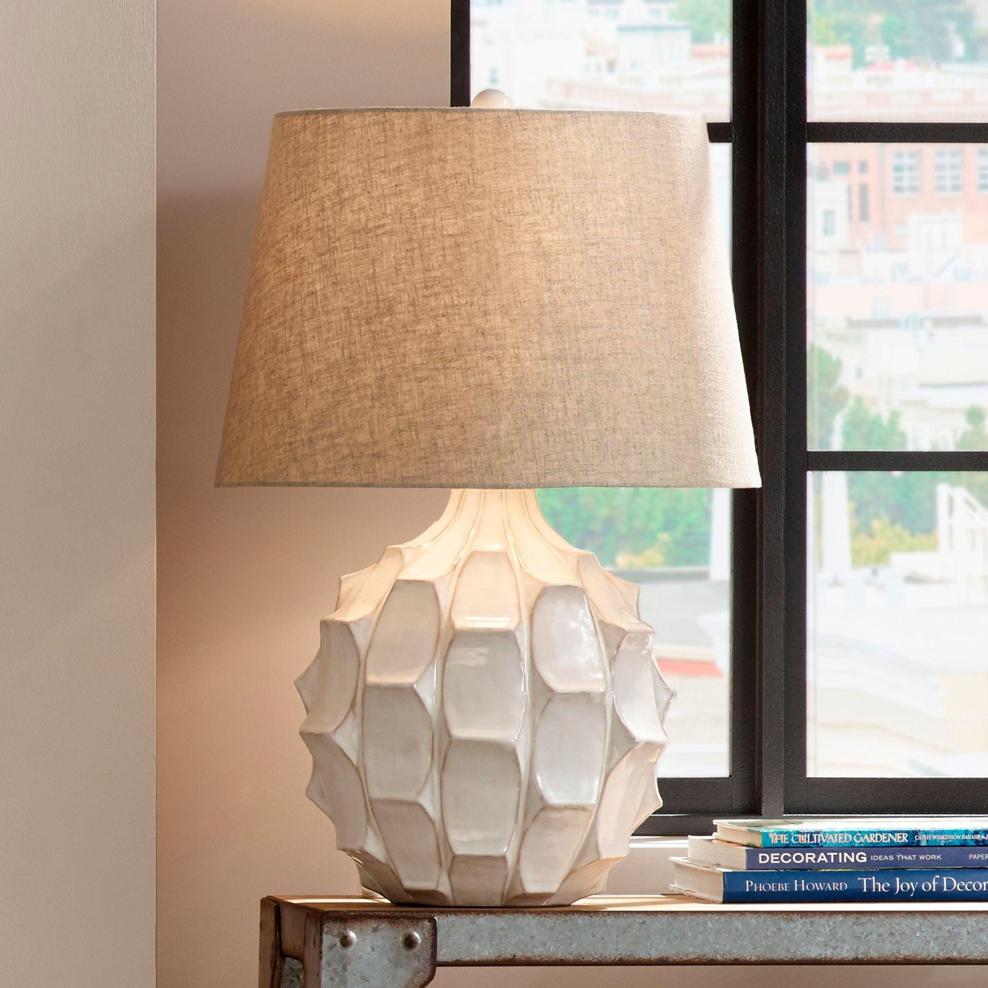 Possini Euro Design Cosgrove Modern Mid Century Table Lamp 26 1/2" High White Glazed Ceramic Light Brown Linen Drum Shade for Bedroom Living Room Home