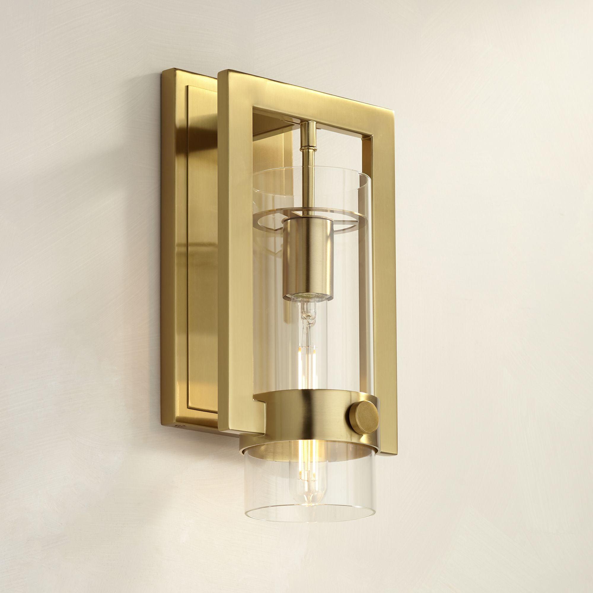 Possini Euro Design Derina Modern Wall Sconce Warm Gold Metal Hardwire 7" Fixture Clear Glass Shade for Bedroom Bathroom Bedside