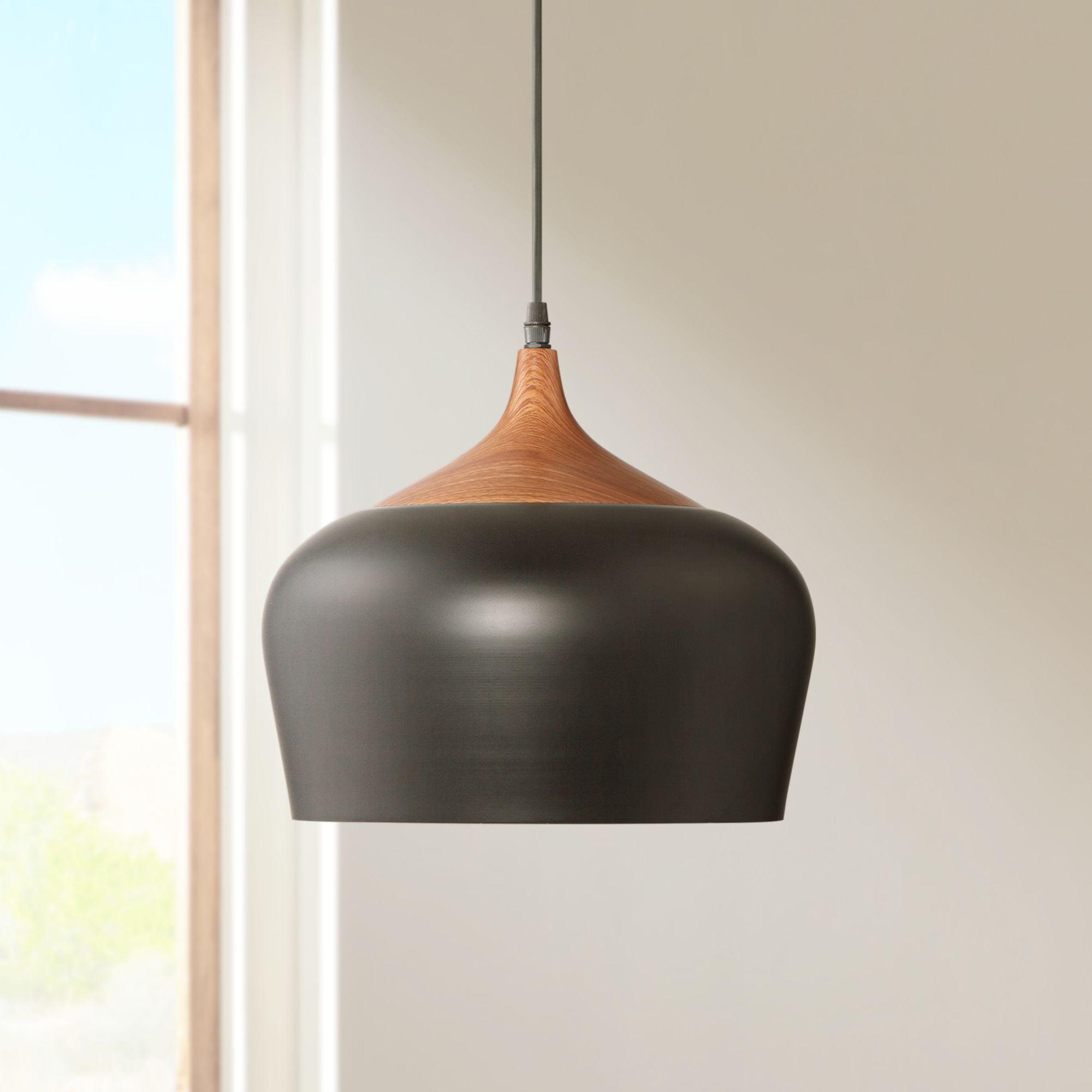 Felton Mini White Aluminum Bowl Pendant with Faux Wood Detail