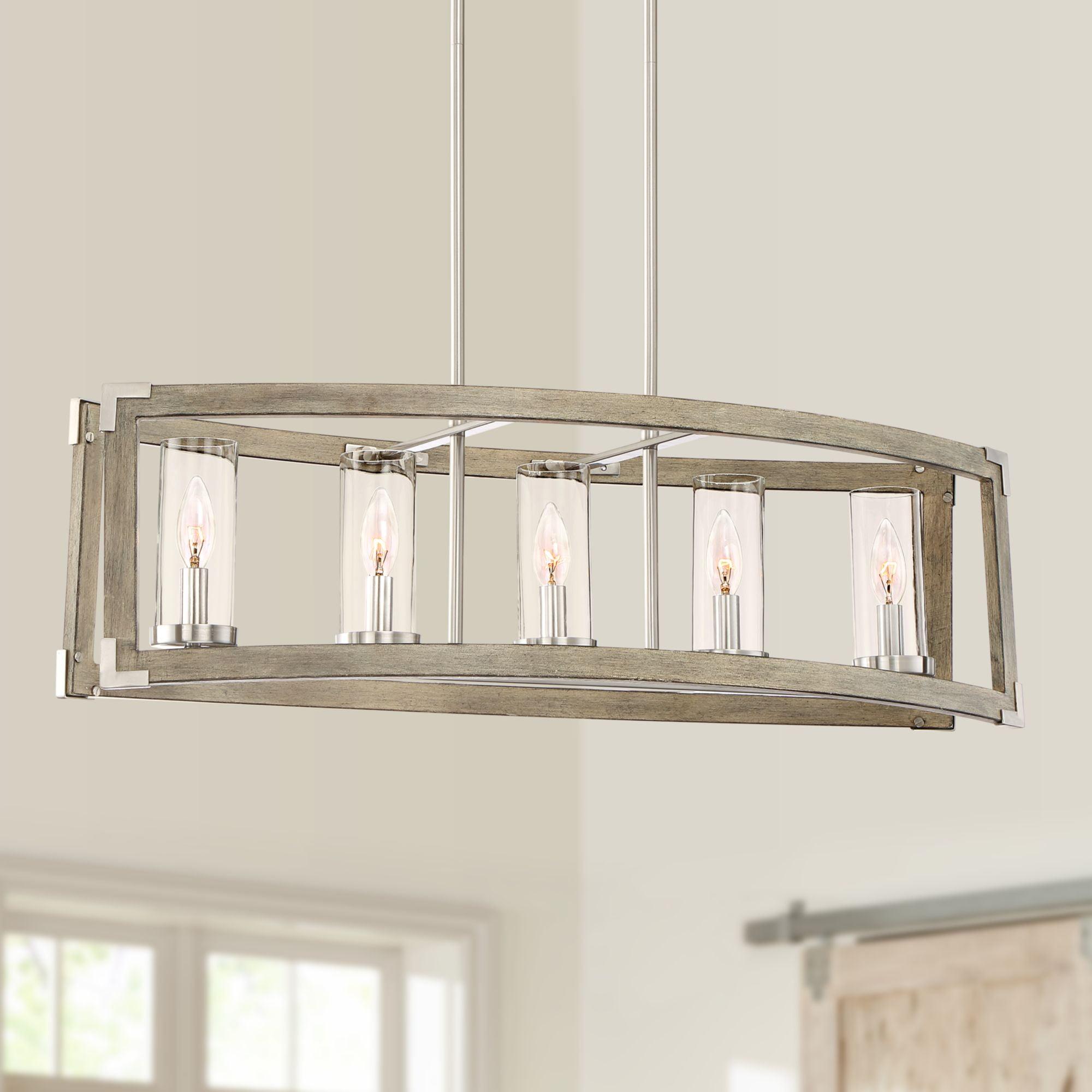 Modern Farmhouse Brushed Nickel and Wood Linear Island Chandelier