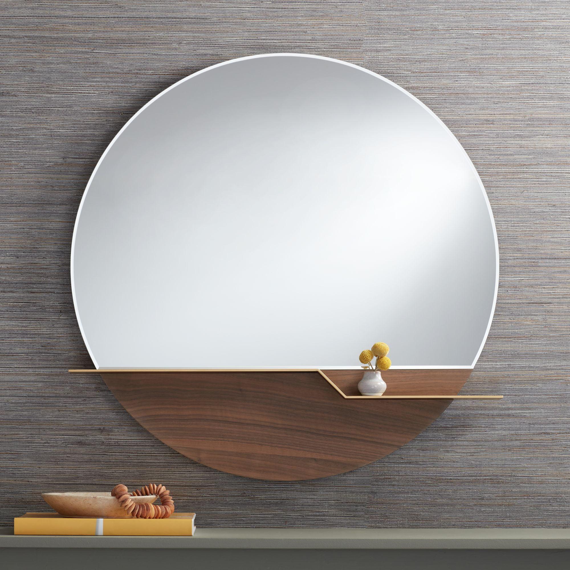 Possini Euro Design Loft Round Vanity Wall Mirror with Gold Shelf Modern Beveled Glass Brown Wood Frame 31 1/2" Wide for Bathroom