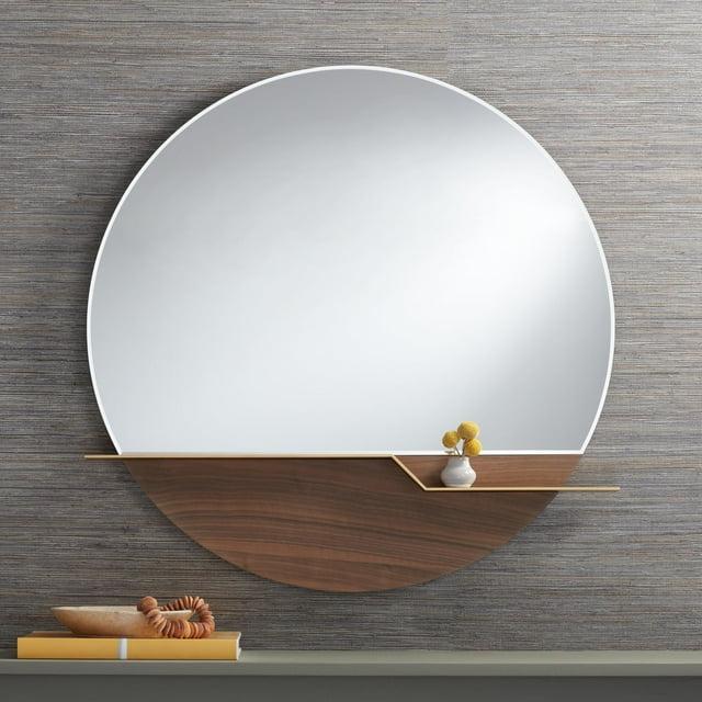 Possini Euro Design Loft Round Vanity Wall Mirror with Gold Shelf Modern Beveled Glass Brown Wood Frame 31 1/2" Wide for Bathroom