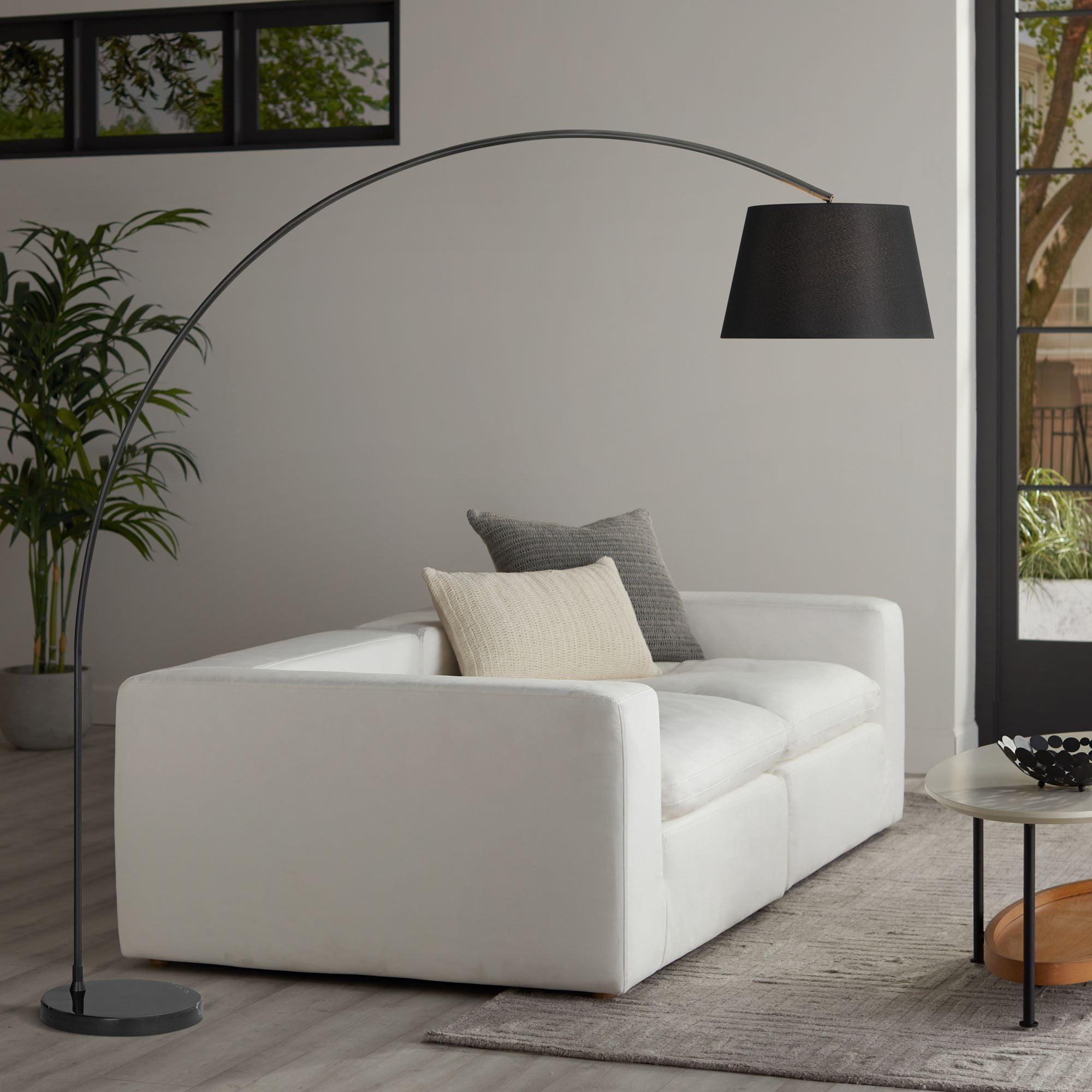 Possini Euro Design Luka Modern 71" Tall Standing Floor Lamp Curved Arc Foot Switch Black Metal Living Room Bedroom House Reading Linen Drum Shade