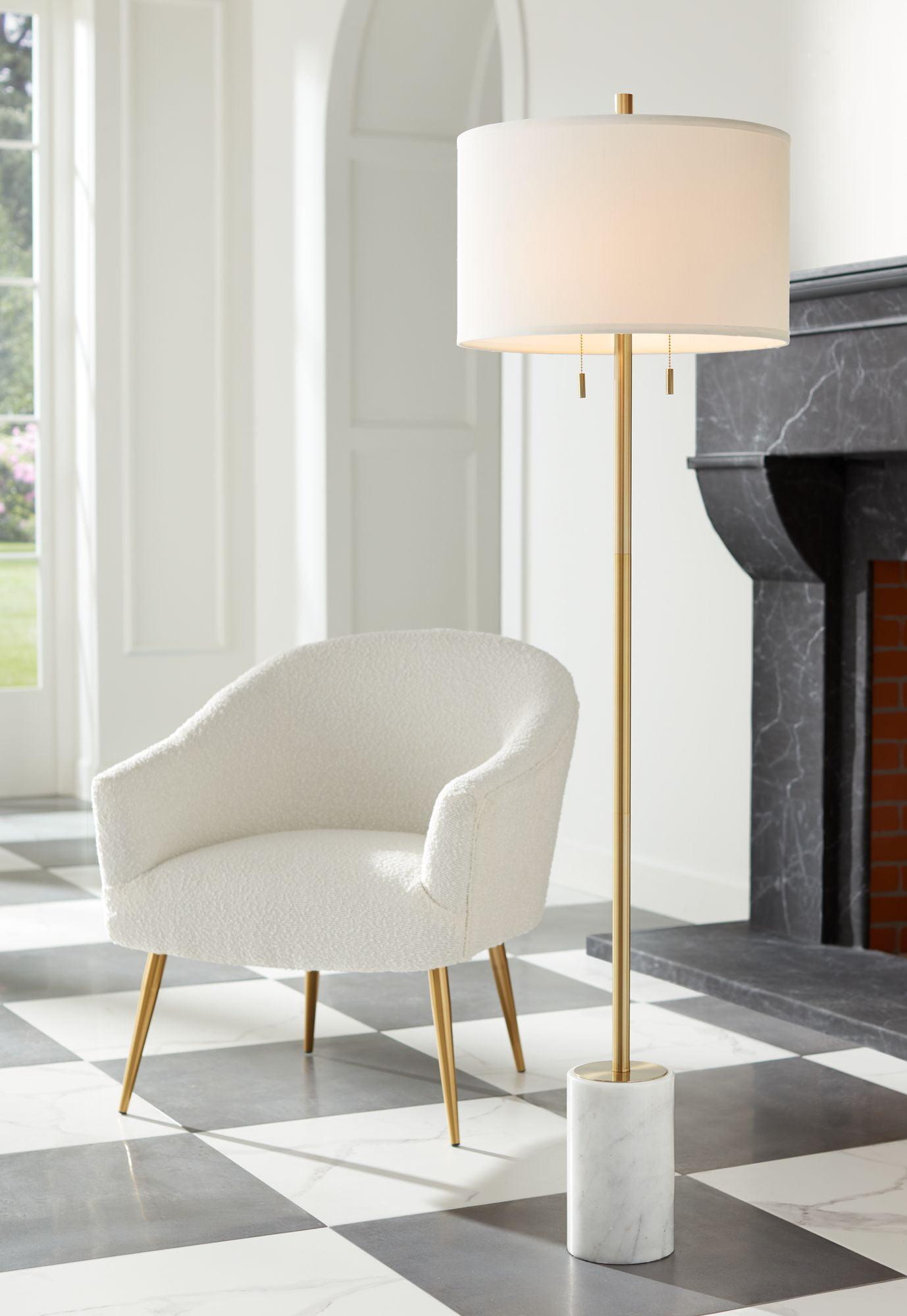 Gold Metal Floor Lamp with White Linen Shade and Marble Base