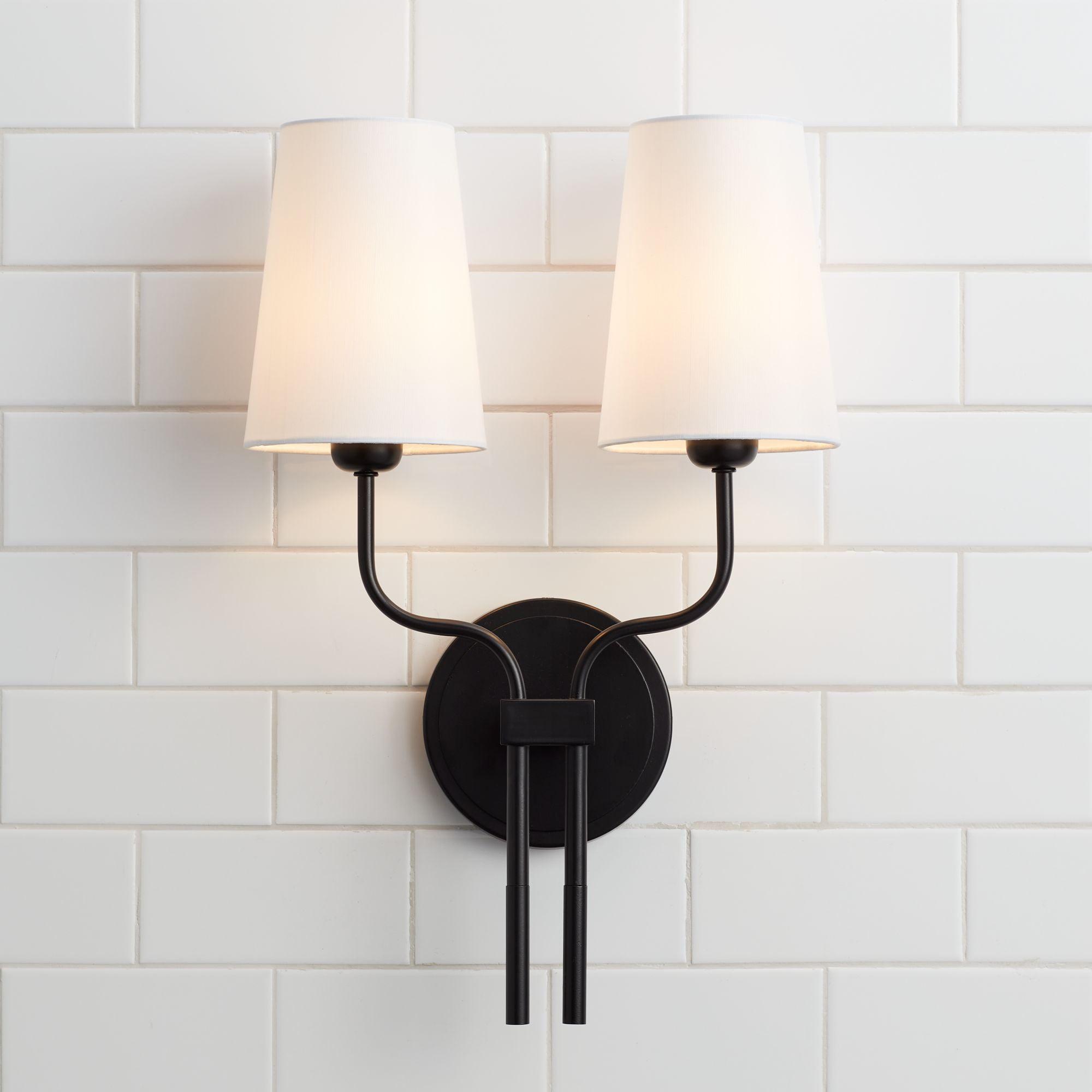 Contemporary Black Aluminum Wall Sconce with White Linen Shades