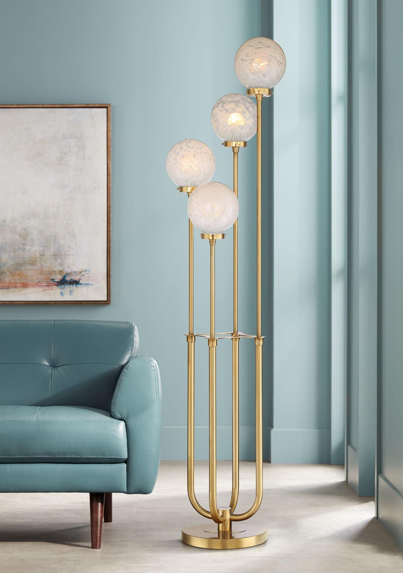 Warm Gold Metal Mid-Century Modern Floor Lamp with Glass Globe Shades