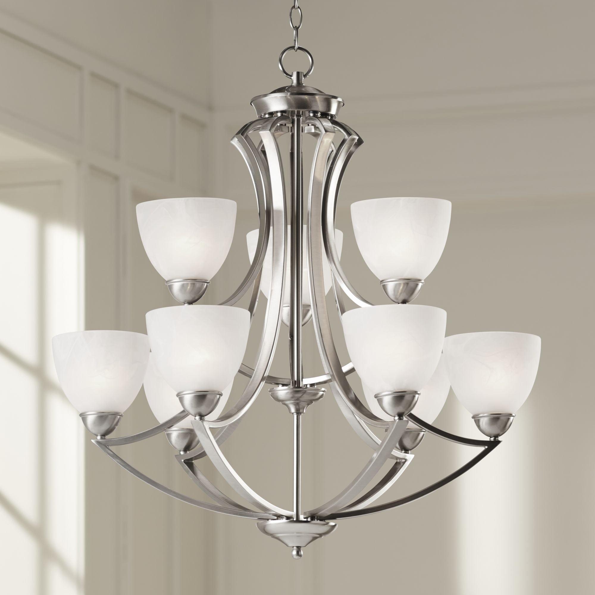 Milbury Satin Nickel Two-Tier 9-Light Chandelier with White Glass Shades