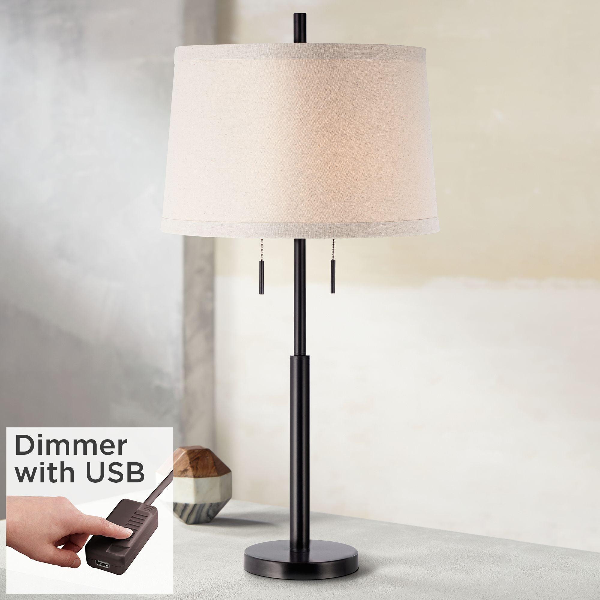 Dark Bronze Stick Buffet Table Lamp with Off-White Burlap Shade and USB