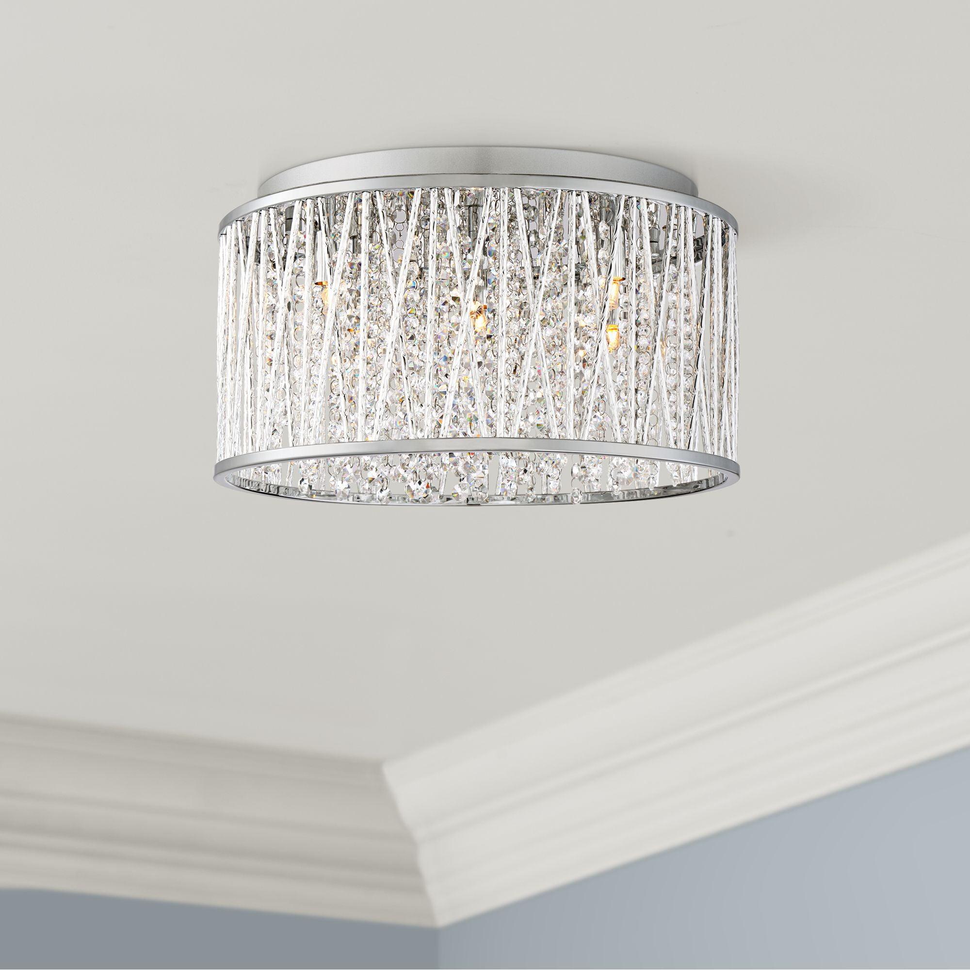 Possini Euro Design Modern Ceiling Light Flush Mount Fixture 16" Wide Chrome Woven Laser Cut Clear Crystal Beaded Strands for Bedroom Kitchen Hallway