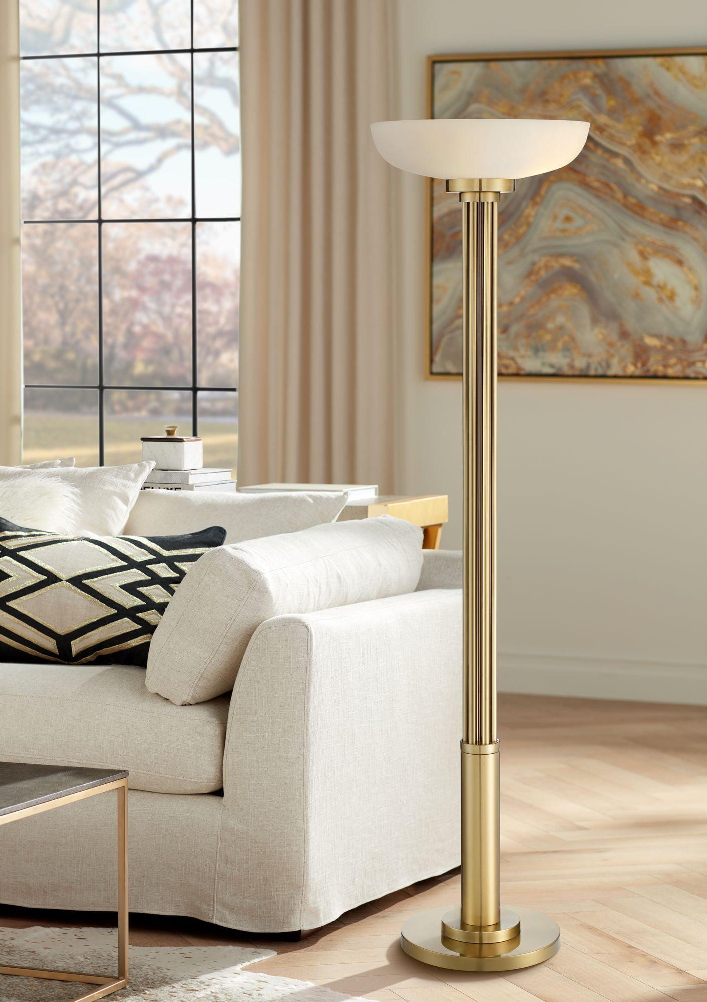 Possini Euro Design Modern Torchiere Floor Lamp 70" Tall Warm Antique Gold Metal Glass Shade for Living Room Reading Bedroom Office Uplight