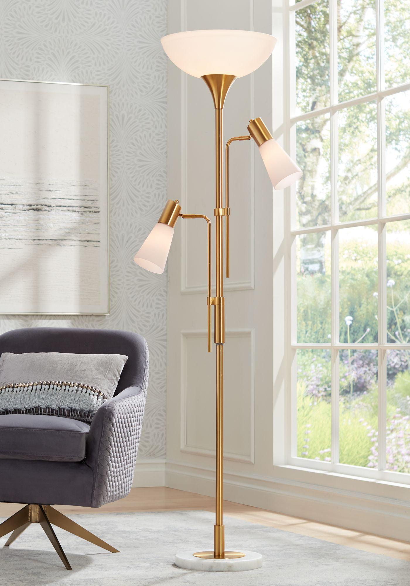 Adjustable Black Metal Torchiere Floor Lamp with Frosted Glass Shades