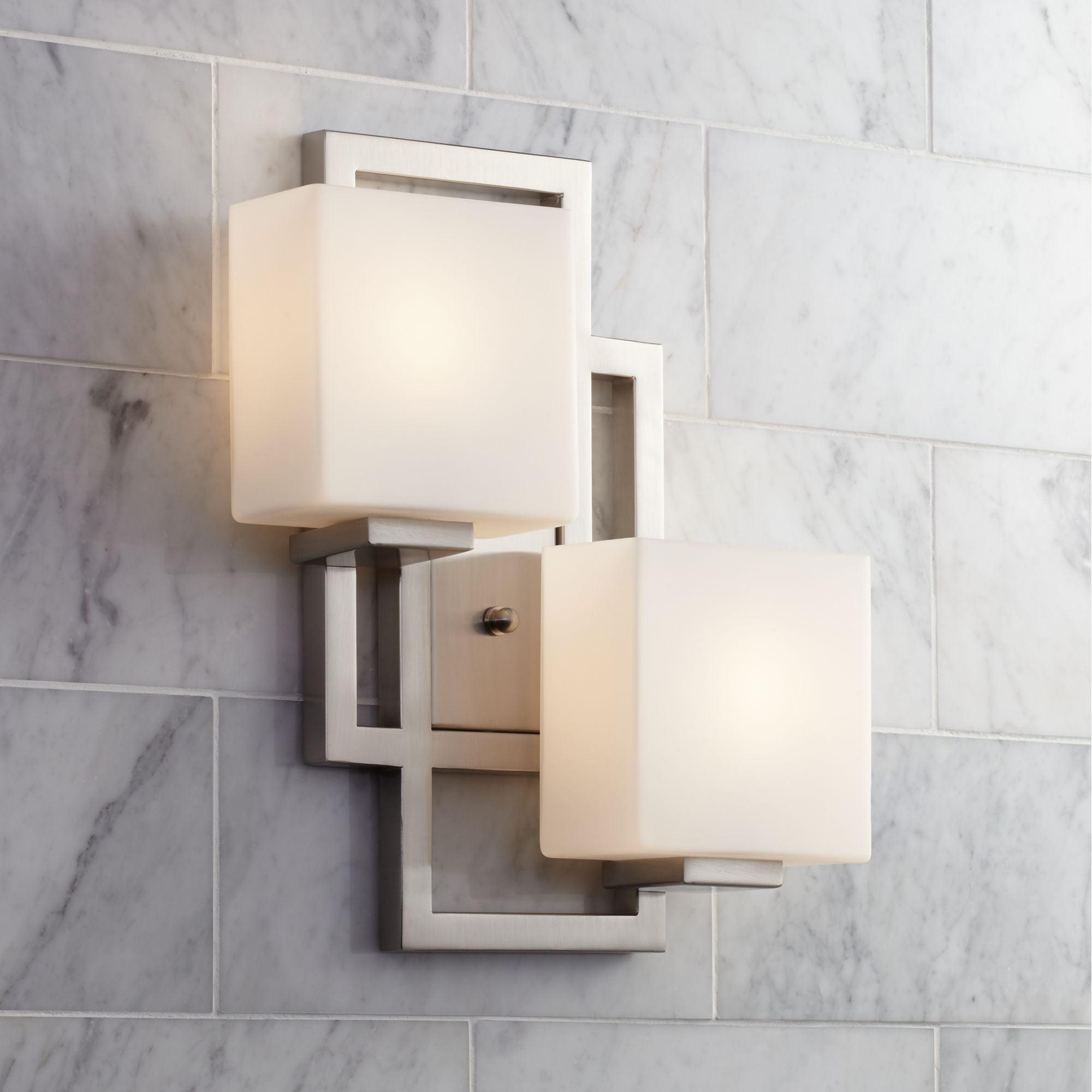 Possini Euro Design Modern Wall Light Sconce Brushed Nickel Hardwired 15 1/2" 2-Light Fixture Square Opal Glass Bedroom Bathroom