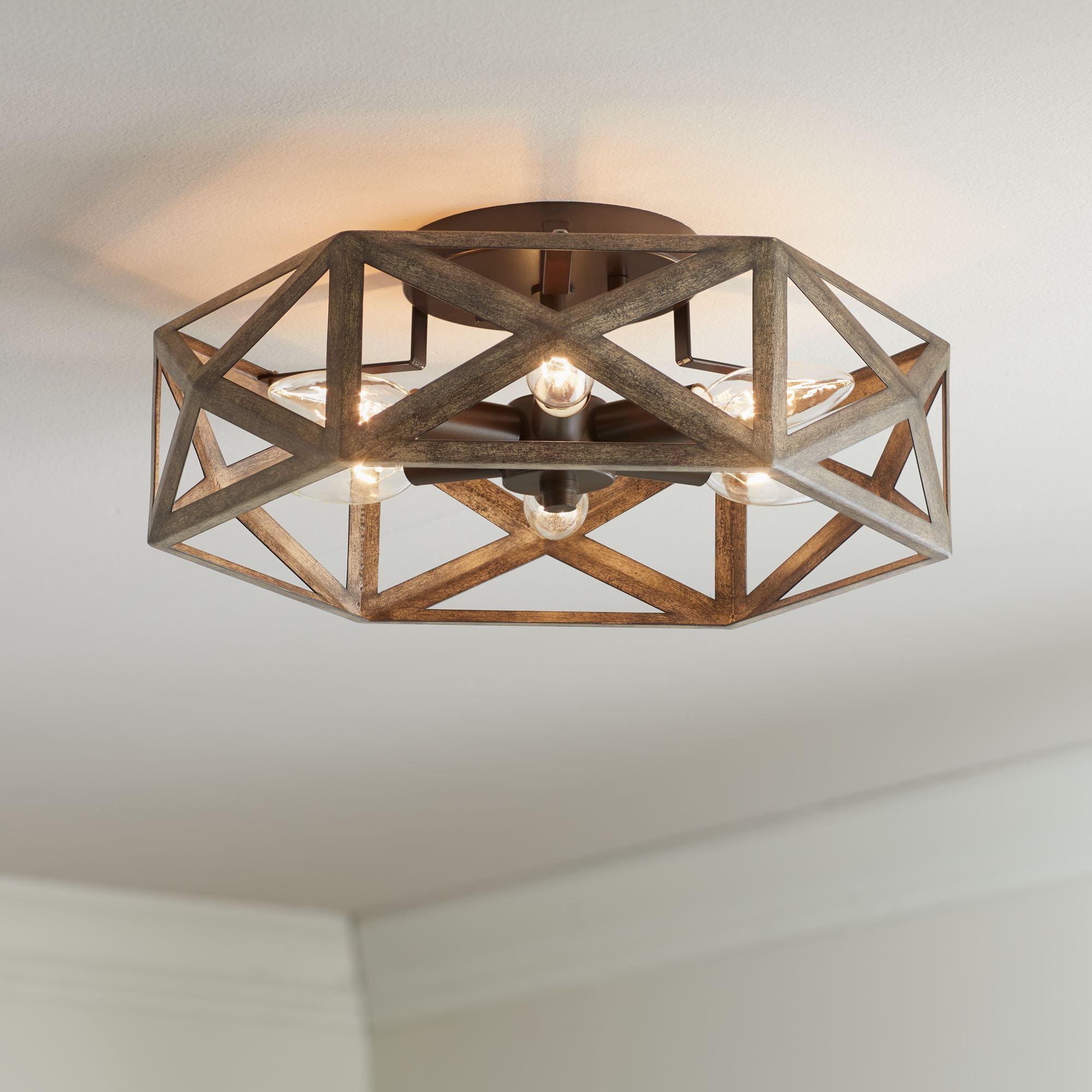 Moorcroft Hexagonal Farmhouse Ceiling Light in Dark Wood and Bronze