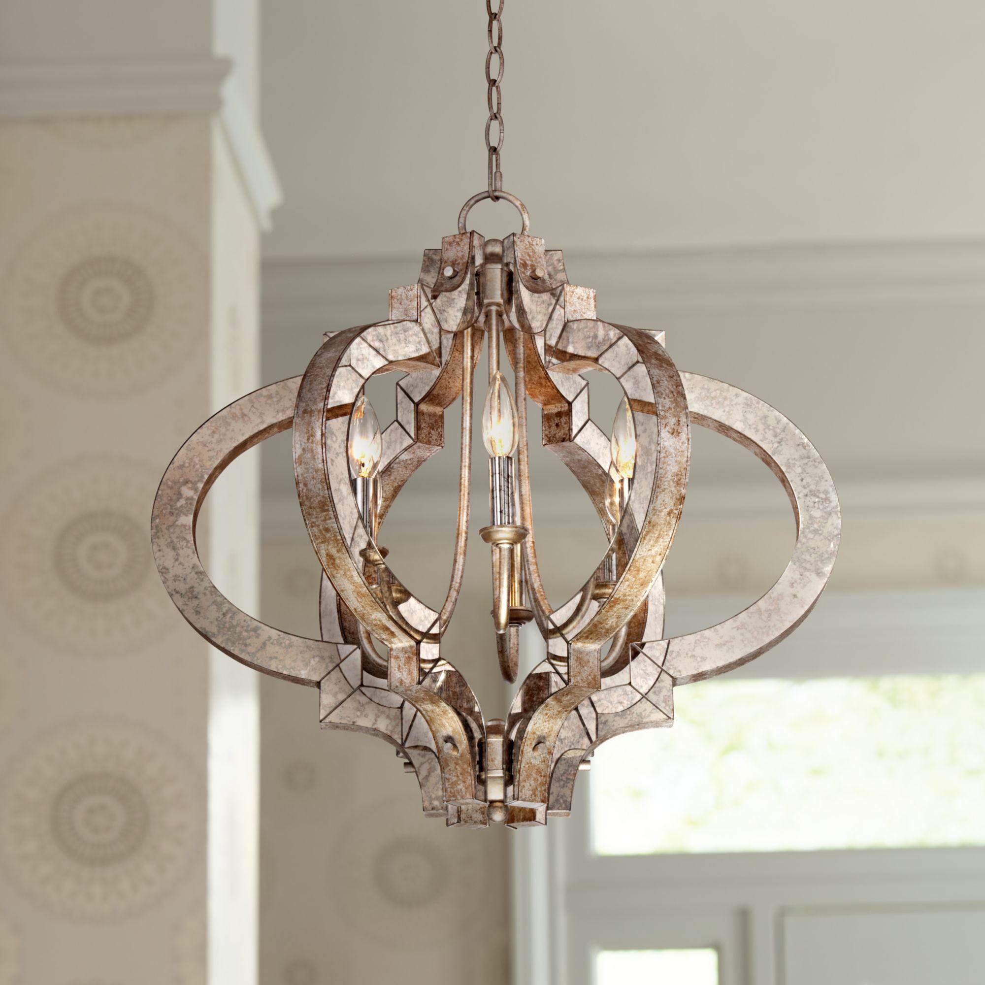 Aged Bronze 6-Light Candle Chandelier with Silver Accents