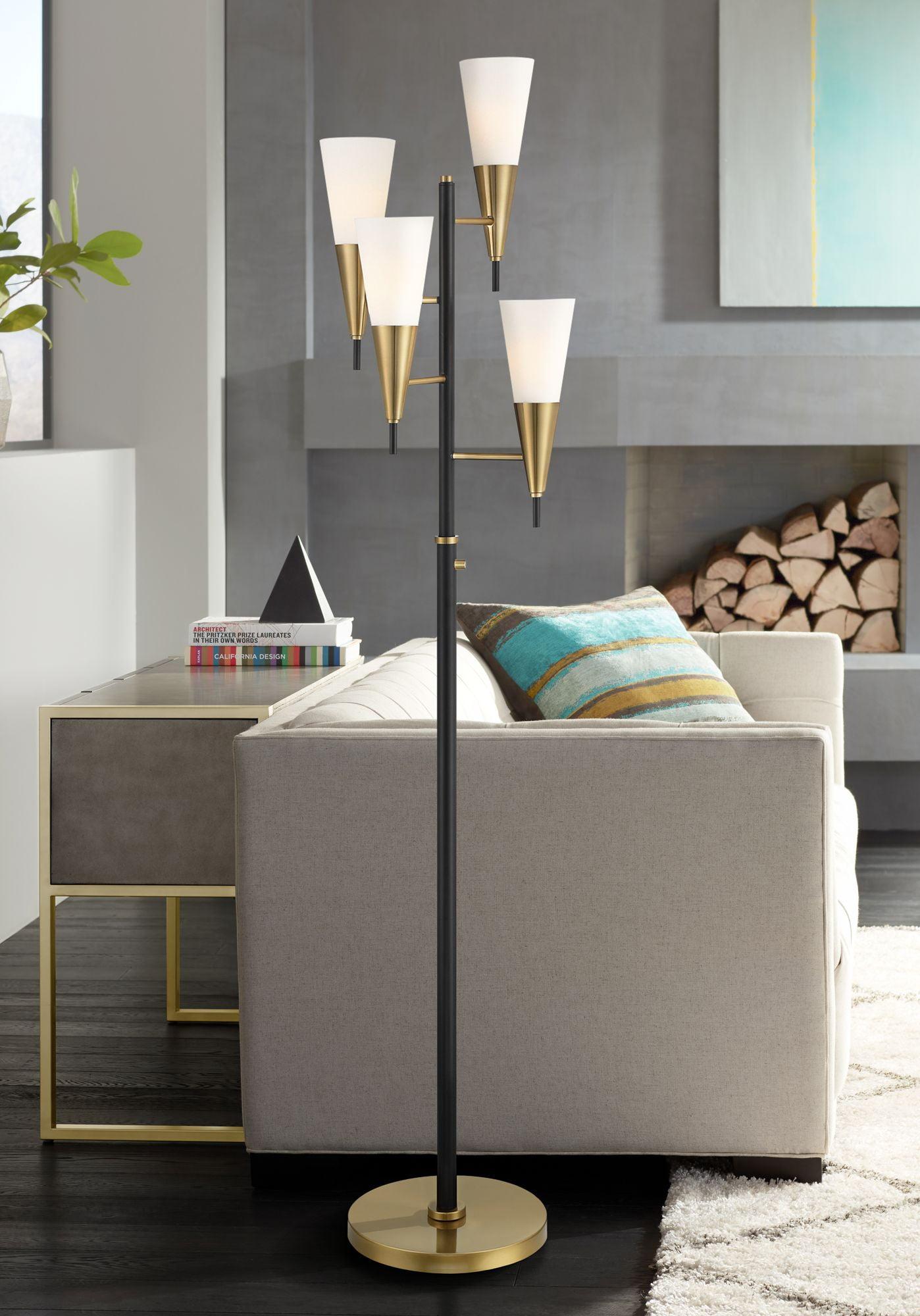Possini Euro Design Quatro Mid Century Modern Tree Floor Lamp 71" Tall Black Gold Metal 4 Light Frosted Glass Cone Shade for Living Room Bedroom House