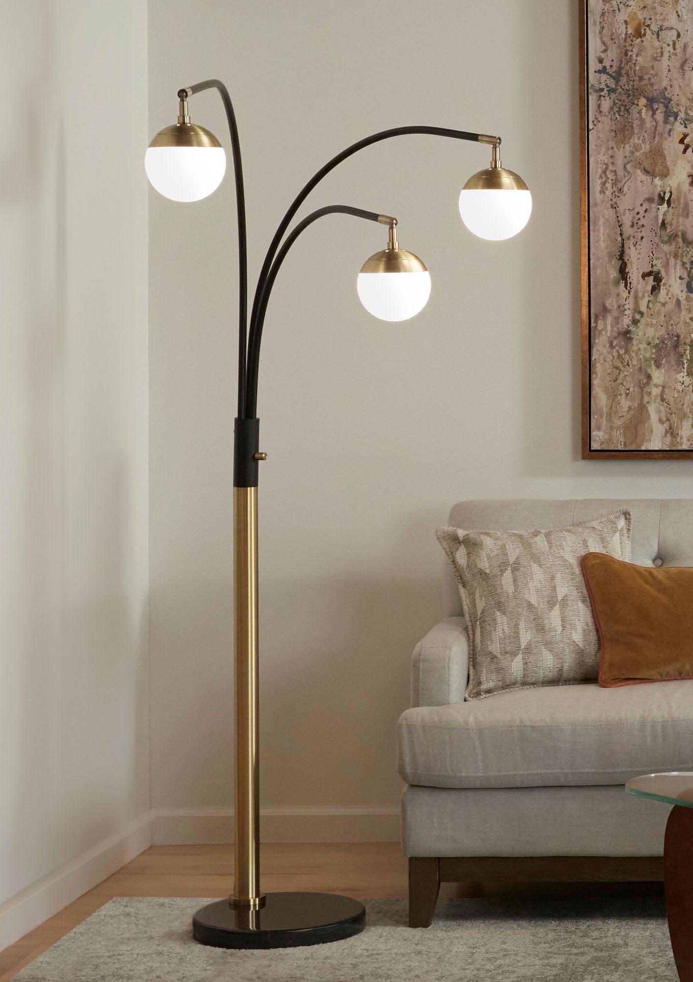 Rayne Black and Gold Adjustable Arc Floor Lamp with Frosted Glass Shades