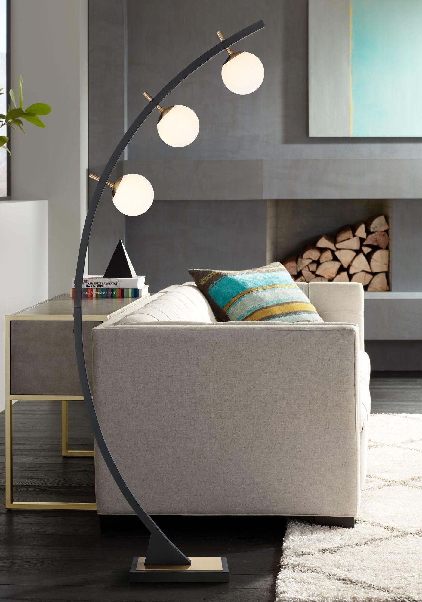 Modern Black and Gold Arc Floor Lamp with Frosted Glass Orbs