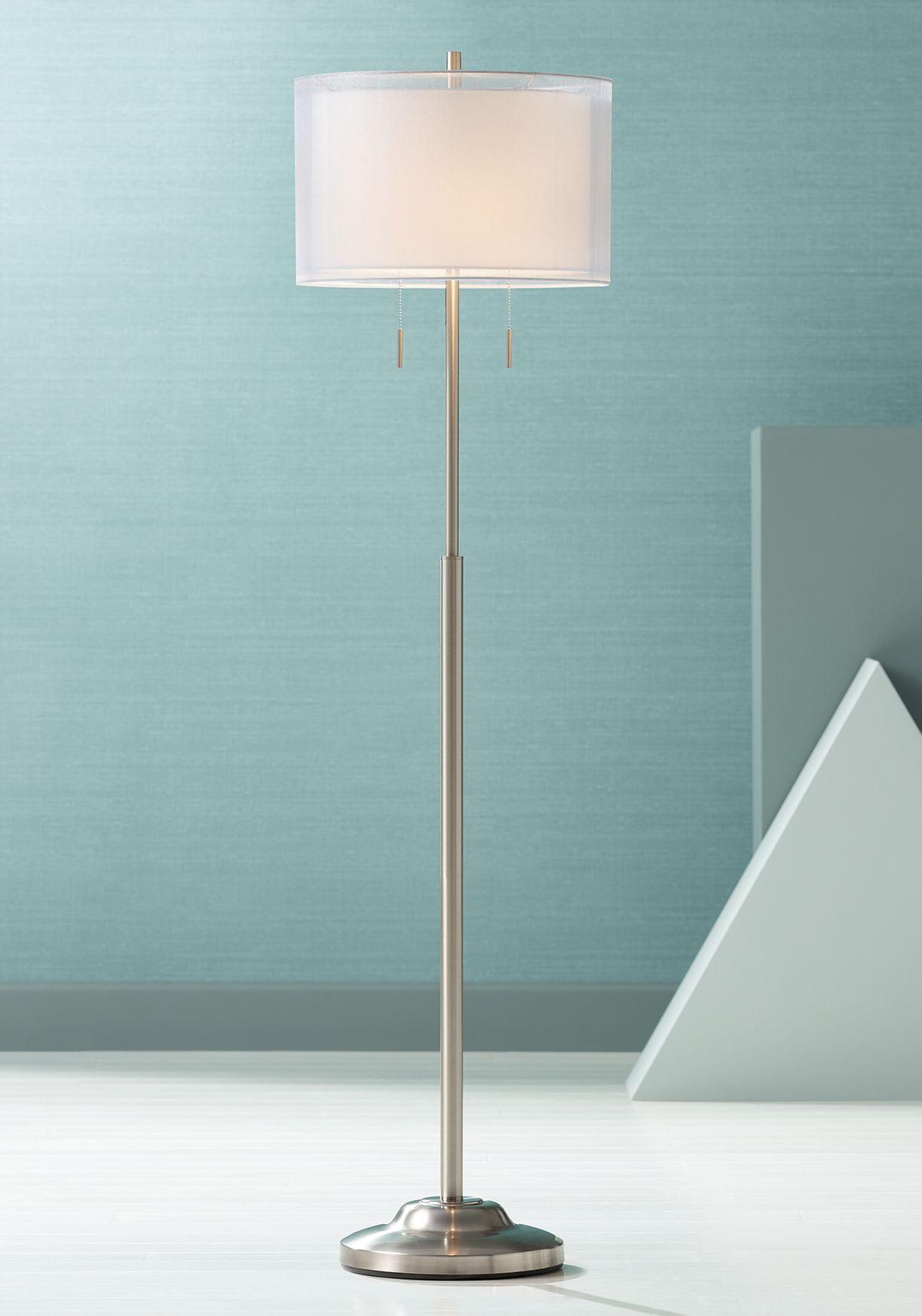 Possini Euro Design Roxie Modern Floor Lamp Standing 65 1/2" Tall Brushed Nickel Sheer Linen Double Drum Shade for Living Room Bedroom Office House