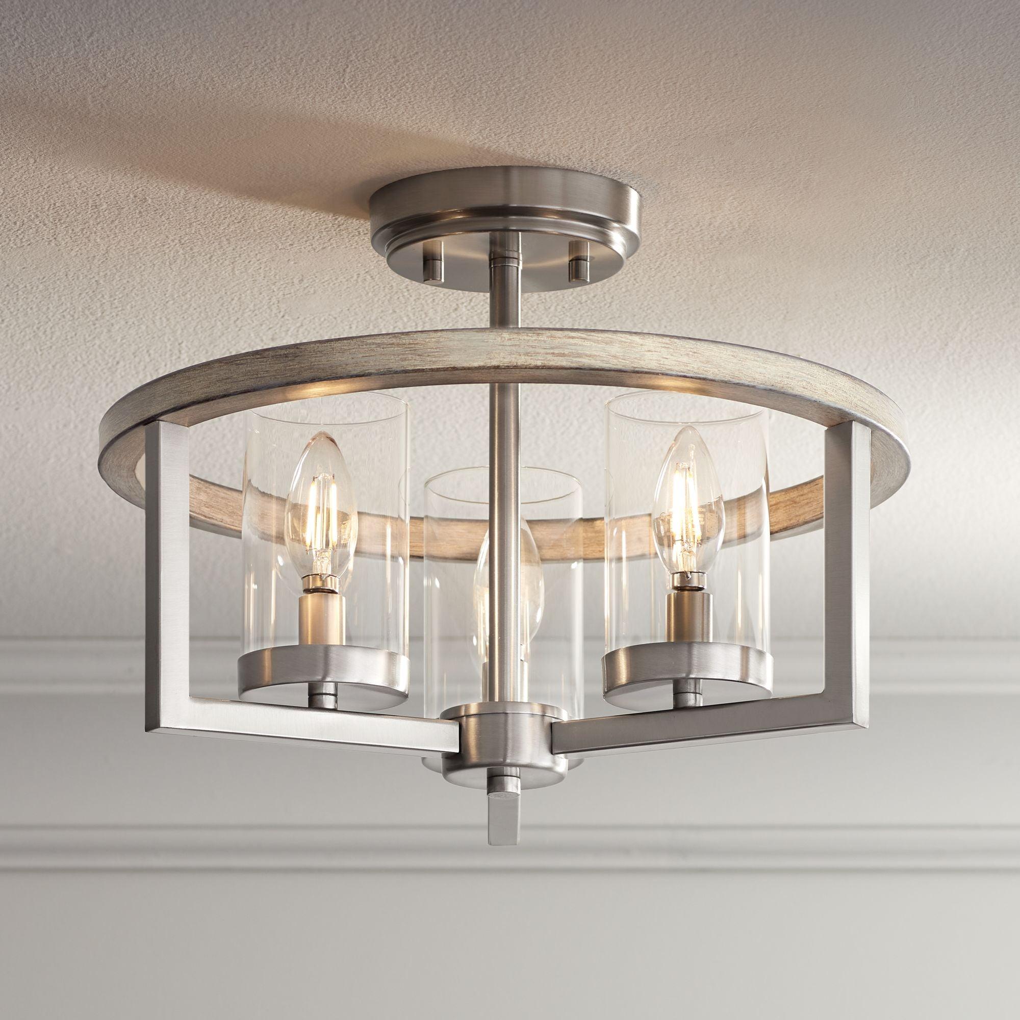 Possini Euro Design Senna Modern Industrial Ceiling Light Semi Flush Mount Fixture 15" Wide Brushed Nickel Gray Wood 3-Light Clear Glass for Bedroom