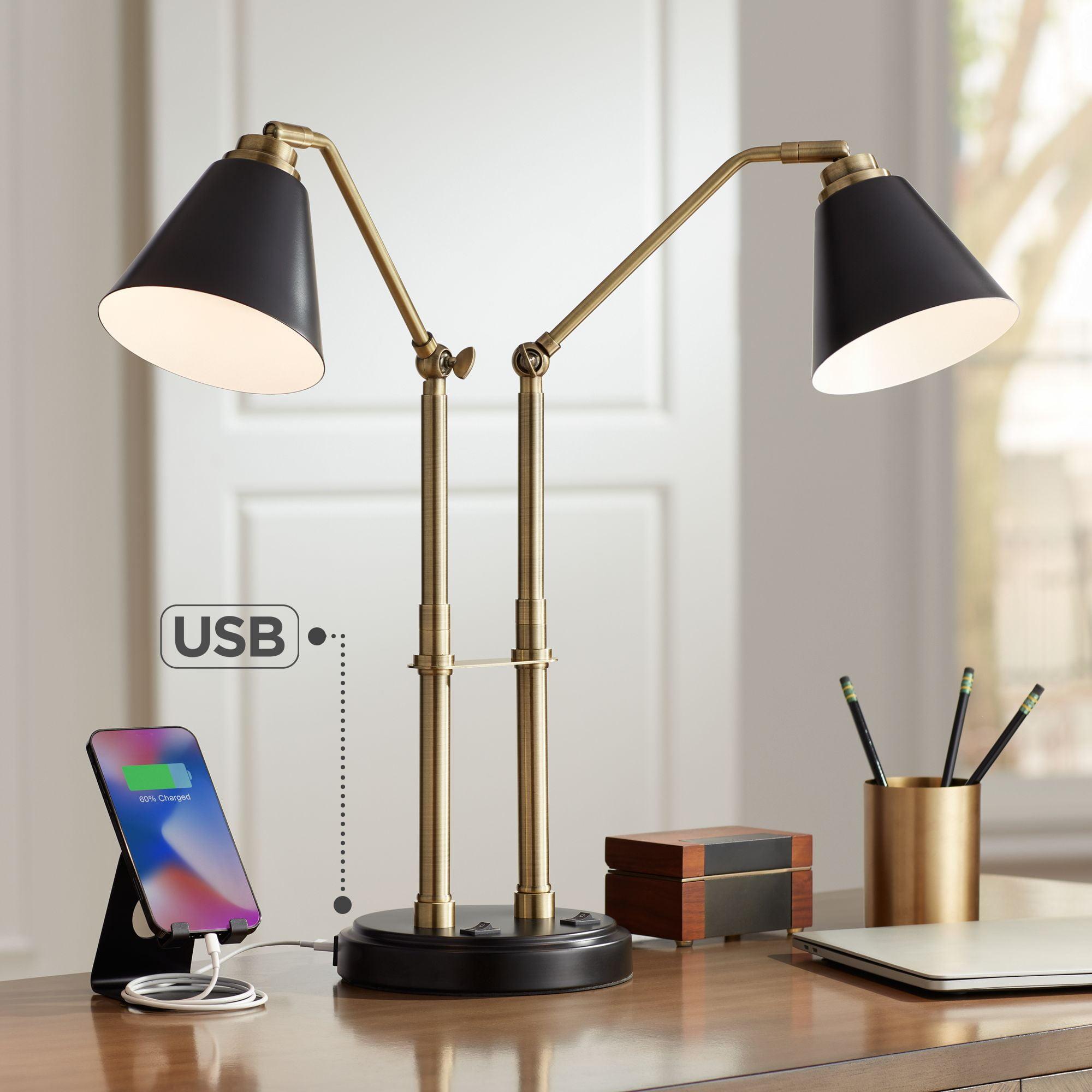 Adjustable Black and Brass Mid-Century Modern Desk Lamp with USB