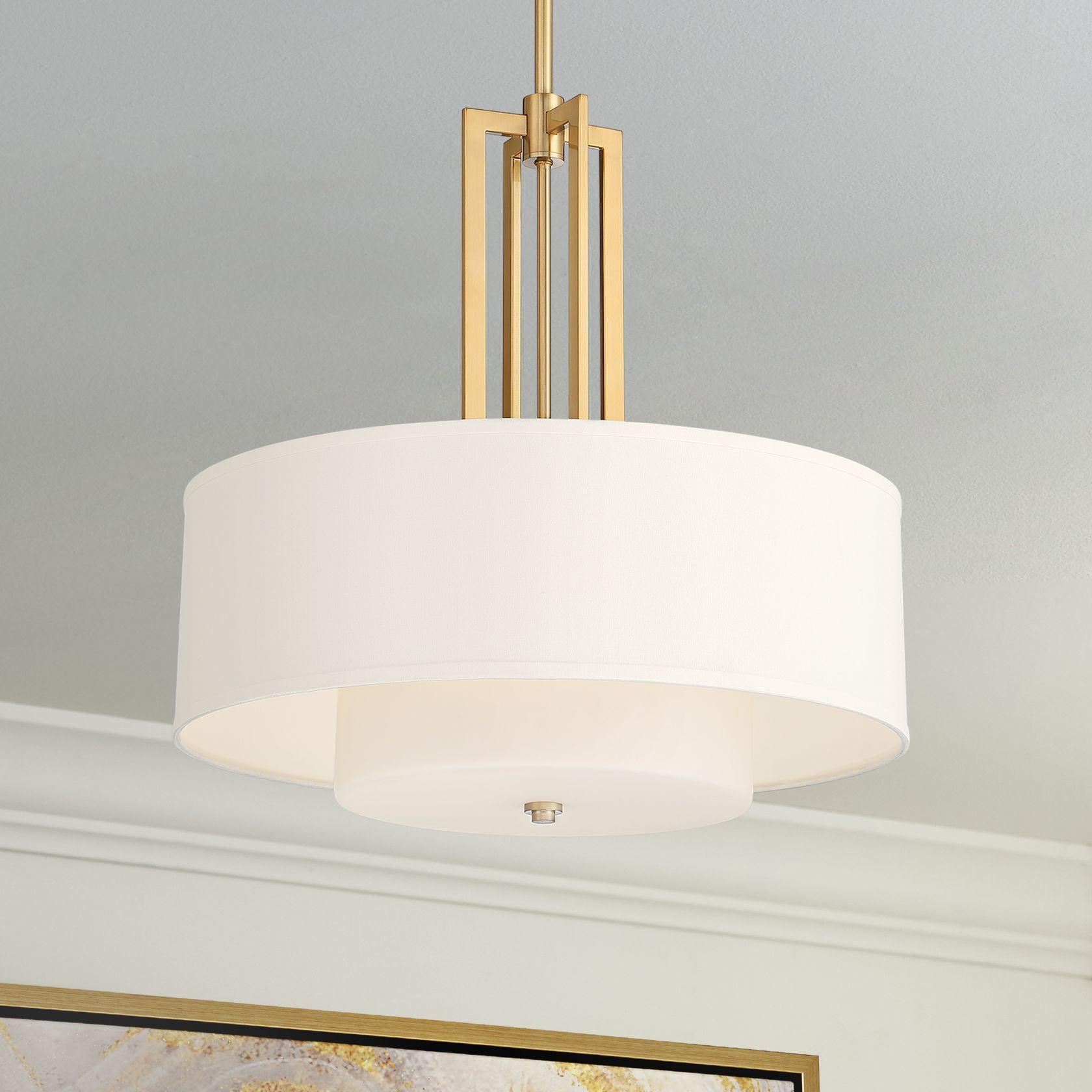 Warm Brass Double Drum Pendant Light with Linen Shade