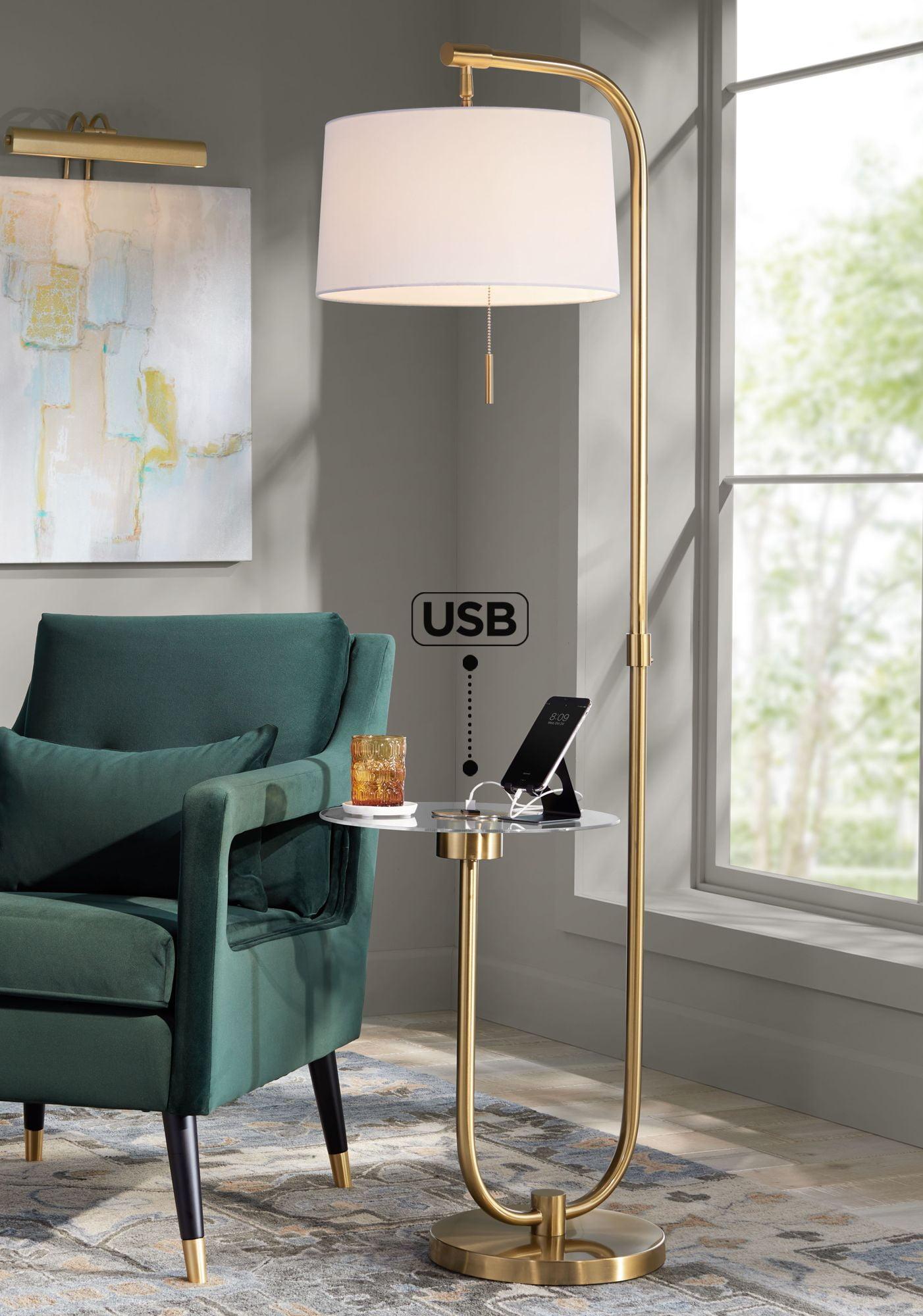 Possini Euro Design Volta Modern Floor Lamp with Tray Table 66" Tall Brass USB Charging Port White Drum Shade for Living Room Bedroom Office House