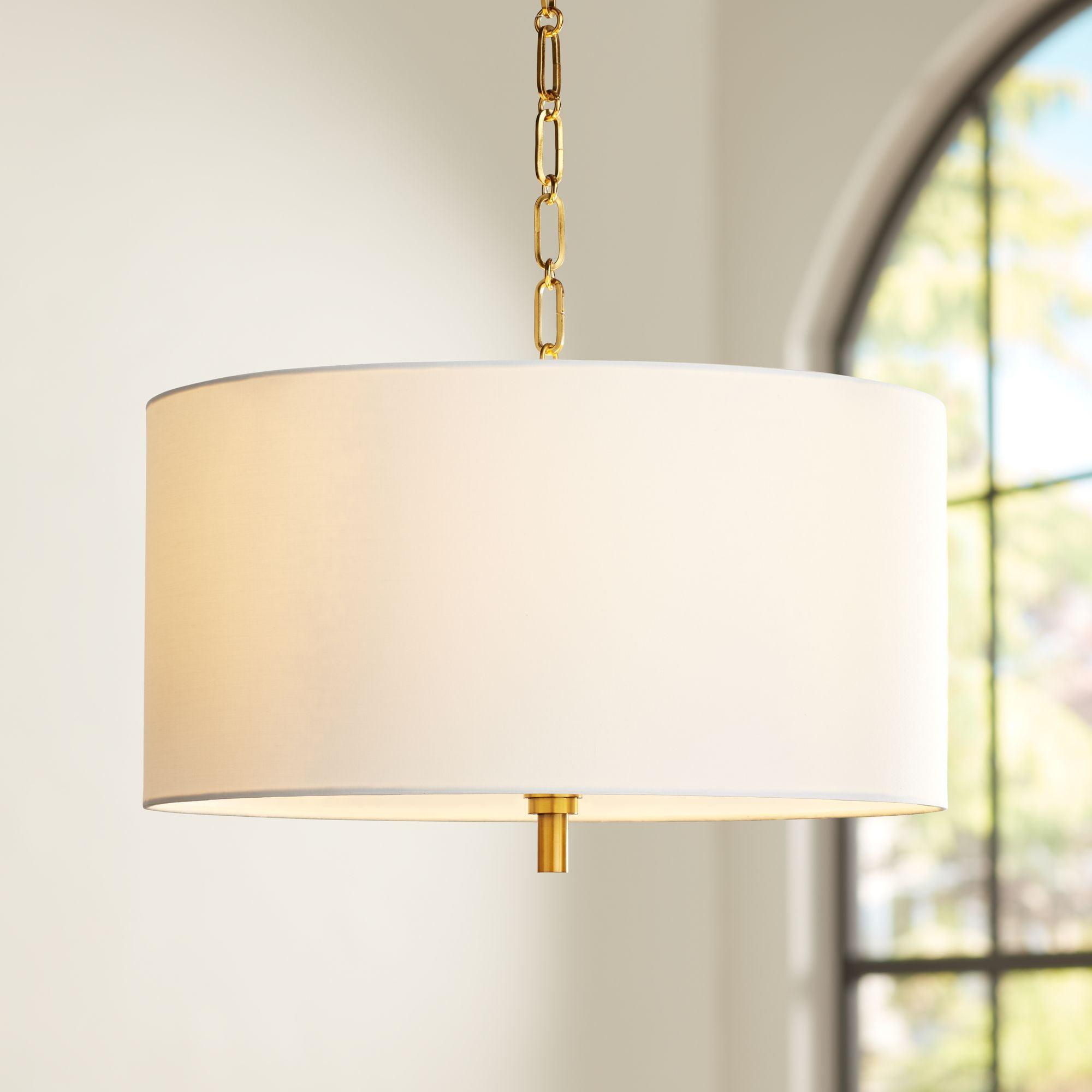 Elegant Warm Gold 22" Drum Pendant with White Linen Shade