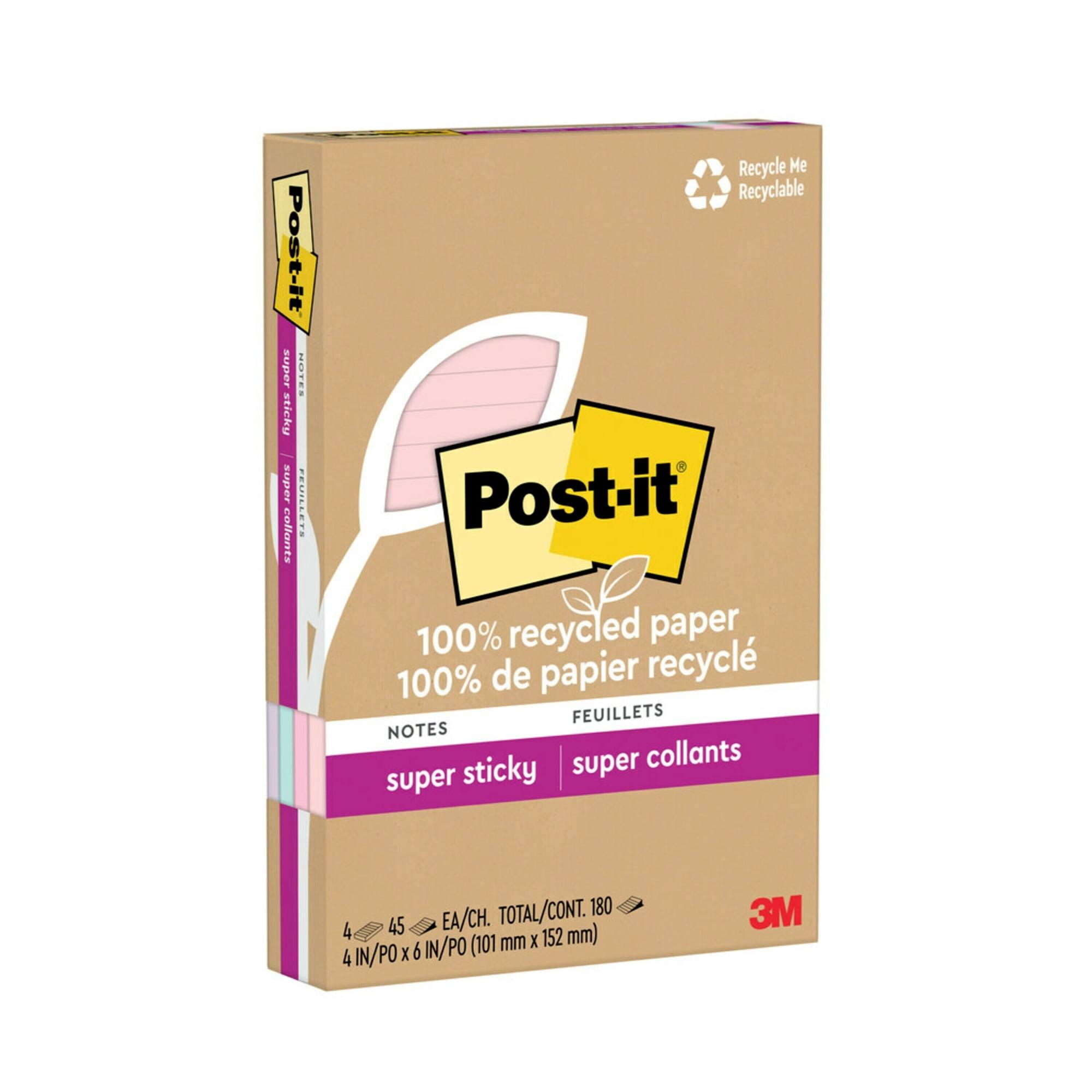Post-it Recycled Super Sticky Notes 4"x6" Pastels: Large Unbound Multicolored Sticky Notes, 180 Sheets, 100% Recycled Paper