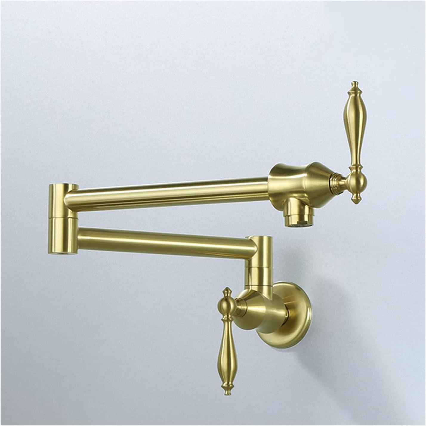 Besdor Pot Filler Faucet Brushed Gold Wall Mount Over Stove Faucet, Commercial Brass Pot Filler Faucet Gold, Double Joint Swing Arms, Single Hole Two Handles Folding Kitchen Faucet