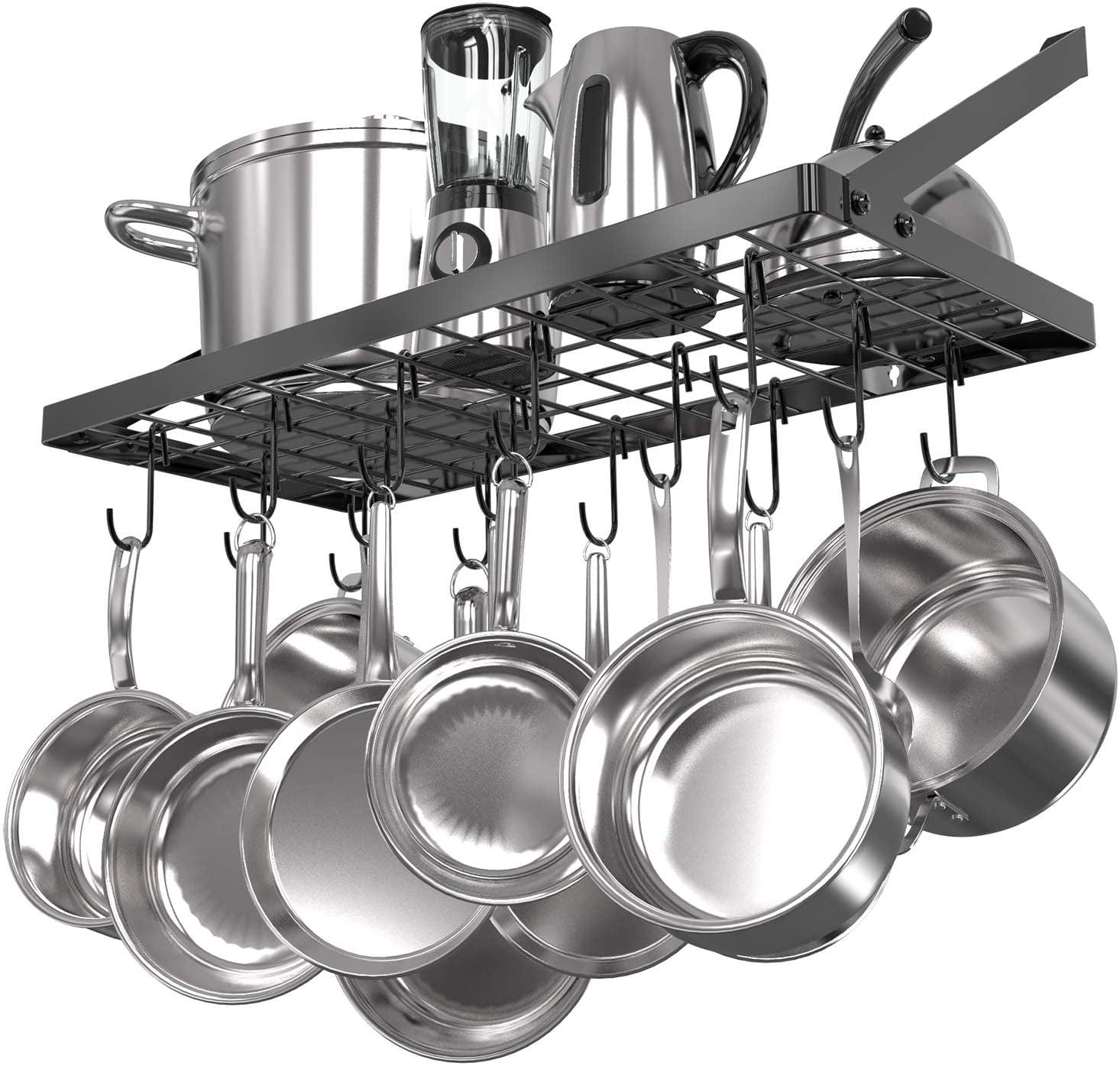 Black Wall Mounted Metal Pot Rack with 15 Hooks