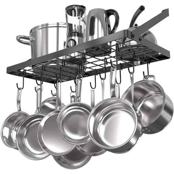 Vdomus Hanging Pots and Pans Organizer - Wall Mounted Pot Rack with 15 Hooks, 29.3 x 13 Inch Heavy-Duty Cookware Organizer for Kitchen Storage - Ideal Pot and Pan Holder with Square Grid Design, Black