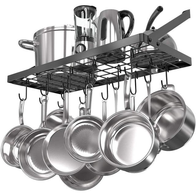Vdomus Hanging Pots and Pans Organizer - Wall Mounted Pot Rack with 15 Hooks, 29.3 x 13 Inch Heavy-Duty Cookware Organizer for Kitchen Storage - Ideal Pot and Pan Holder with Square Grid Design, Black